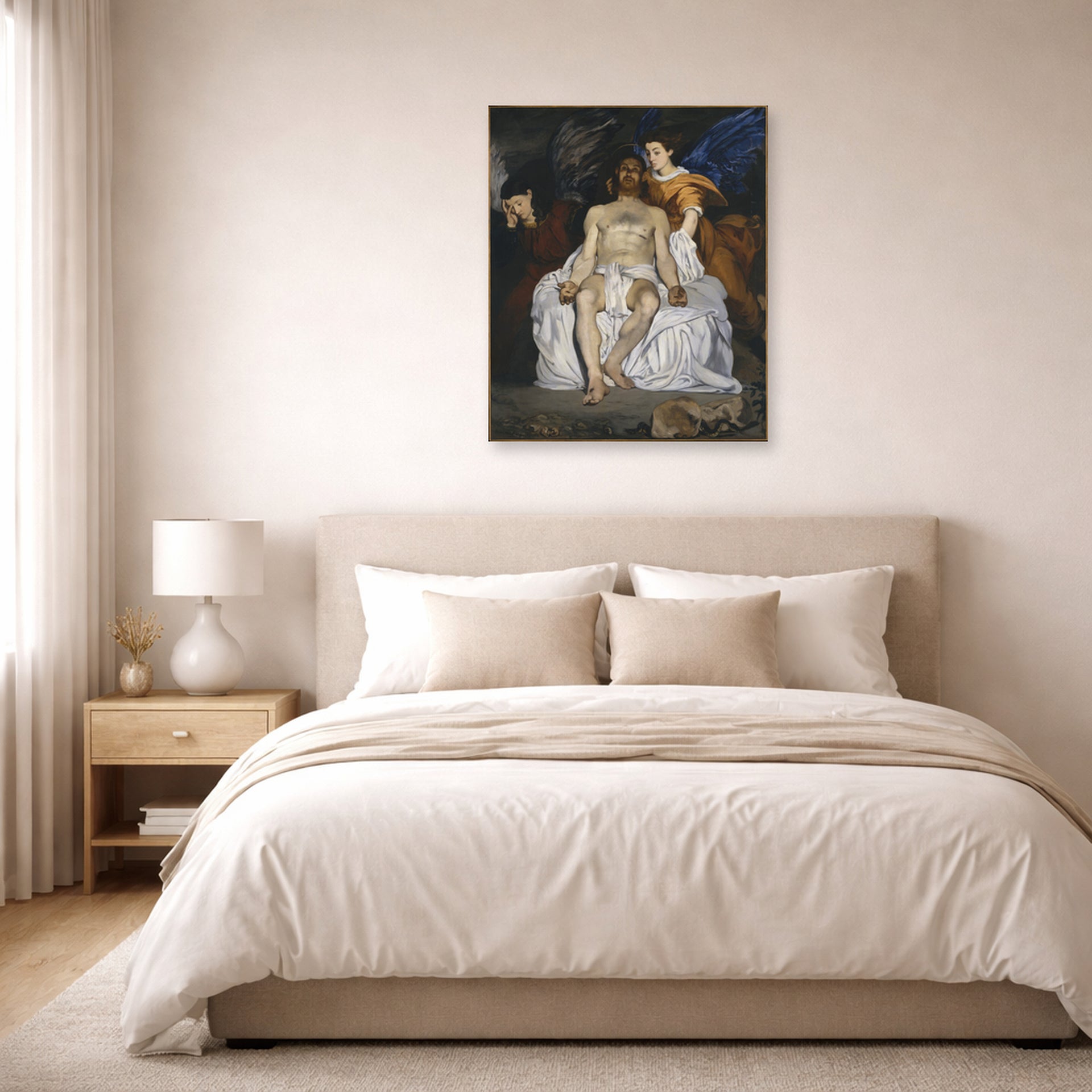 Unframed poster print of Edouard Manet's 'The Dead Christ with Angels' displayed on a wall in a bedroom
