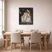 Unframed poster print of Edouard Manet's 'The Dead Christ with Angels' displayed on a wall in a dining room