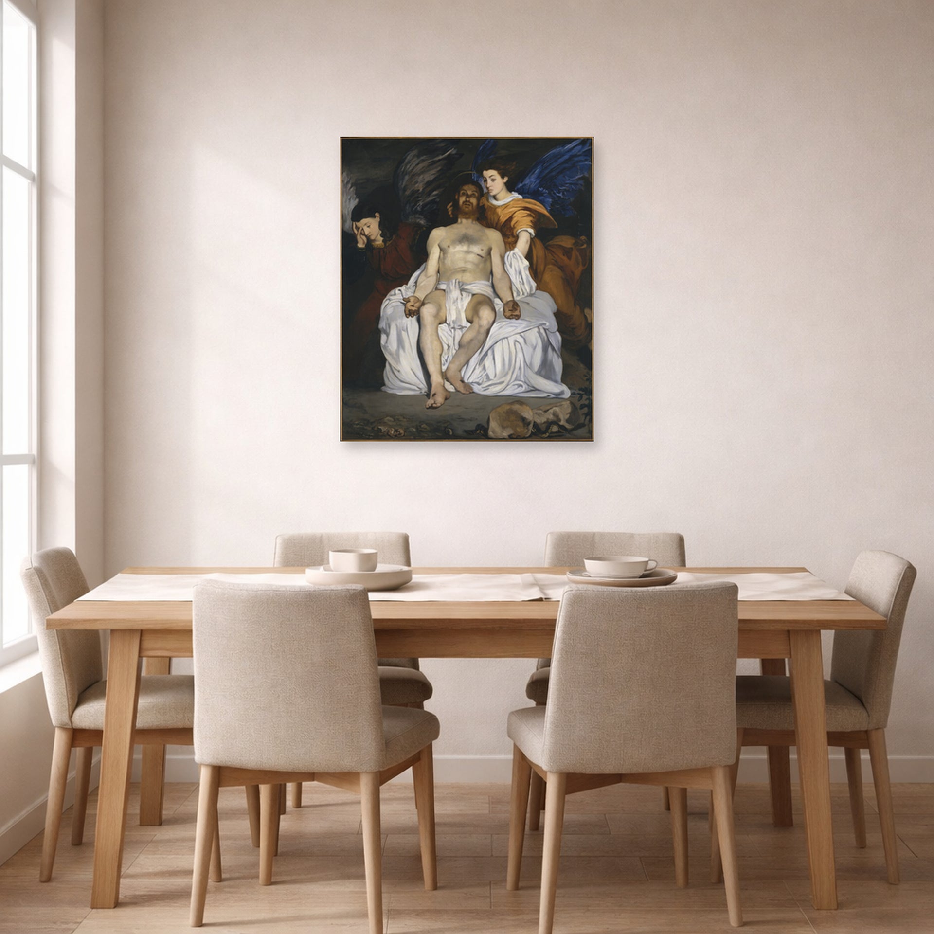 Unframed poster print of Edouard Manet's 'The Dead Christ with Angels' displayed on a wall in a dining room