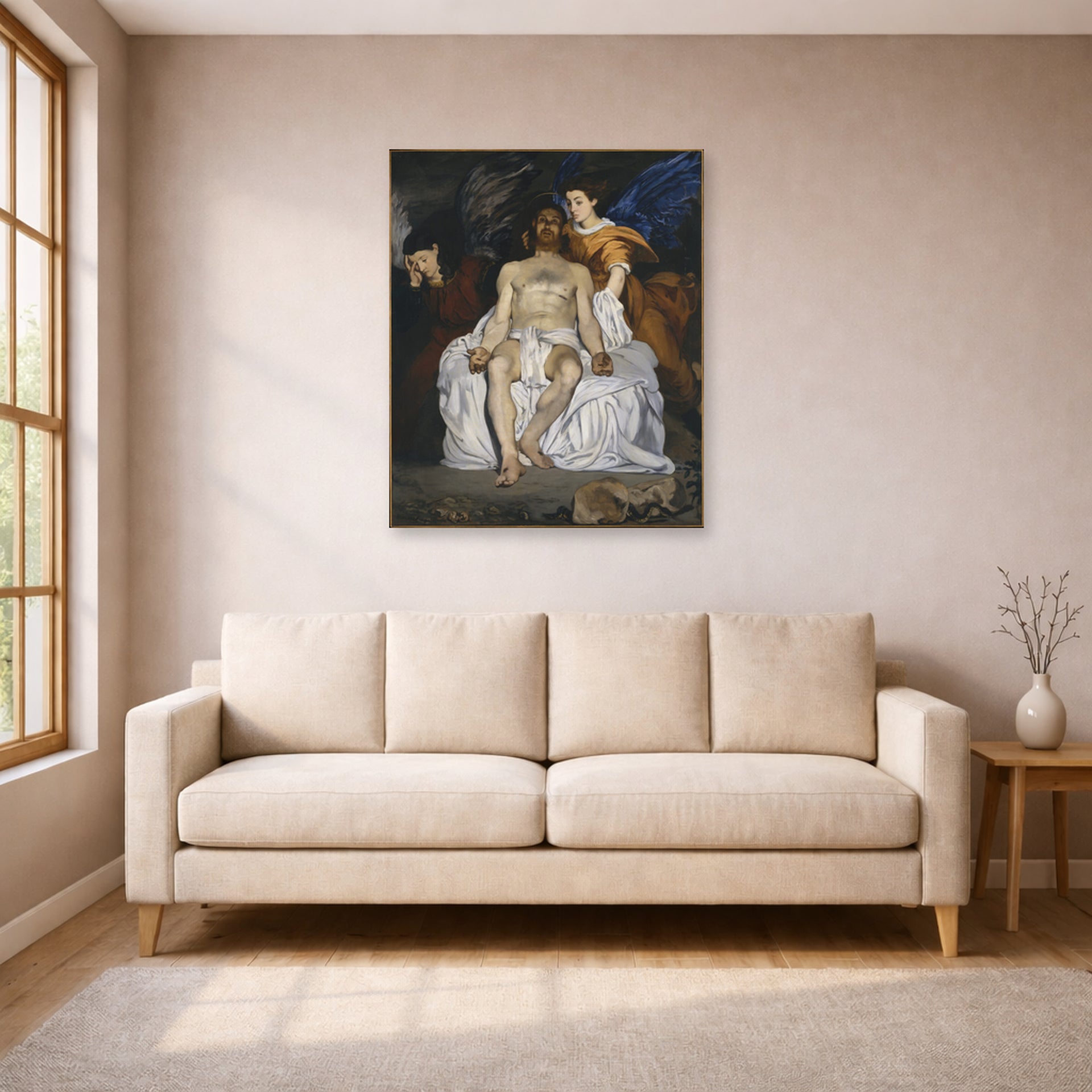 Unframed poster print of Edouard Manet's 'The Dead Christ with Angels' displayed on a wall in a living room