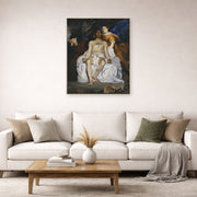 Unframed poster print of Edouard Manet's 'The Dead Christ with Angels' displayed on a wall in a living room