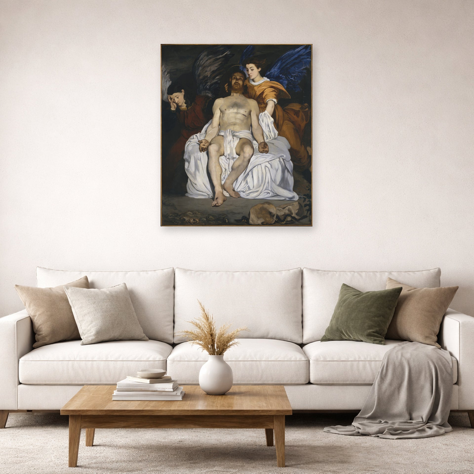Unframed poster print of Edouard Manet's 'The Dead Christ with Angels' displayed on a wall in a living room