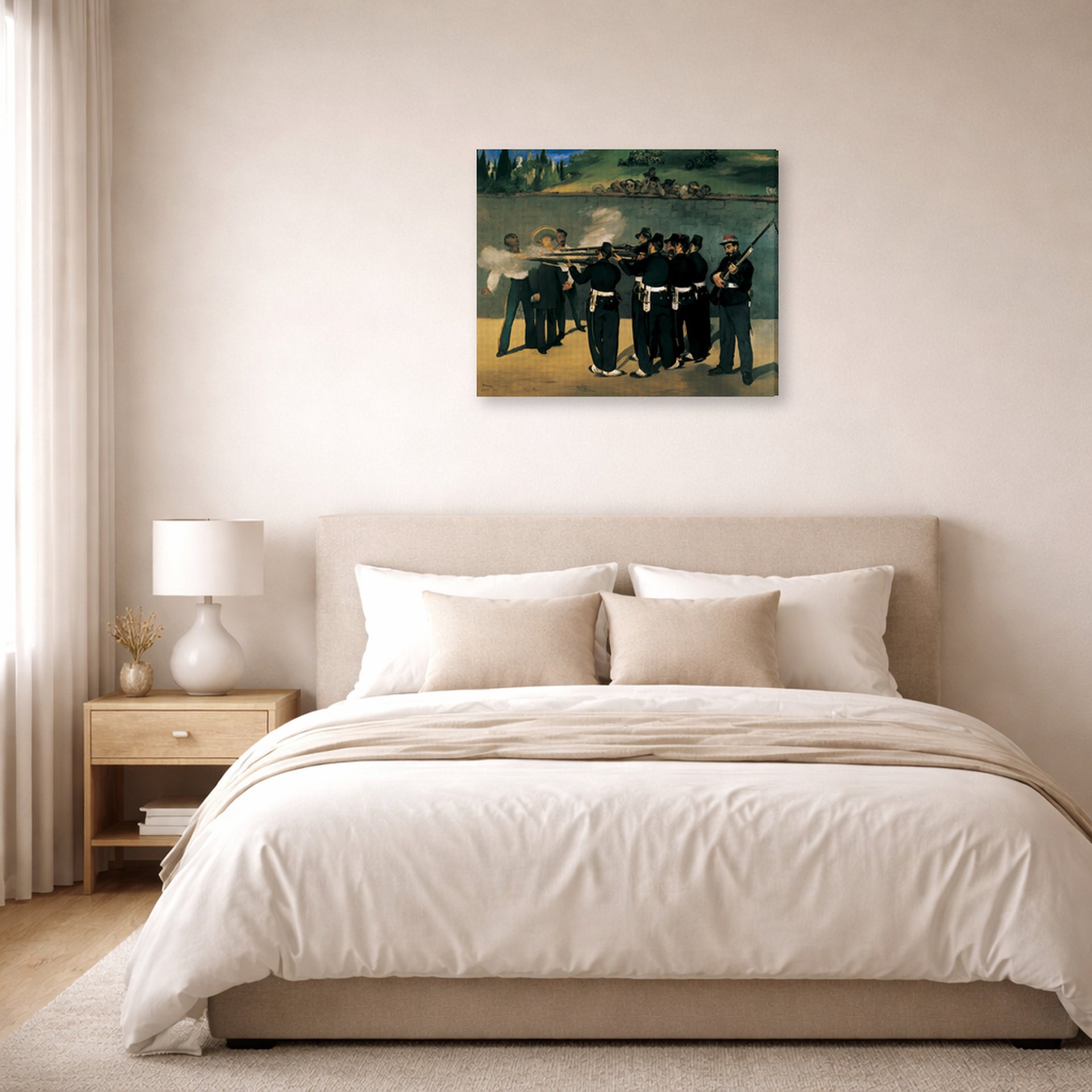 Gallery-wrapped canvas print of Edouard Manet's 'The Execution of Emperor Maximilian' displayed on a wall in a bedroom