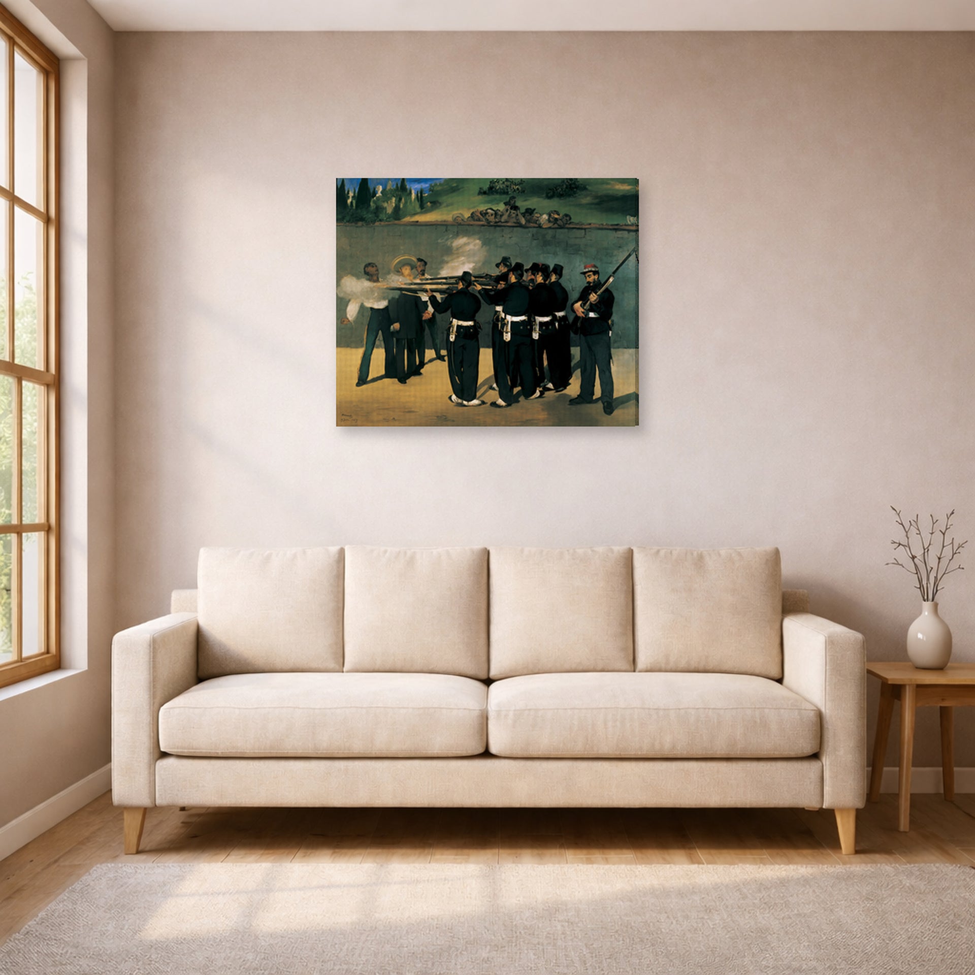 Gallery-wrapped canvas print of Edouard Manet's 'The Execution of Emperor Maximilian' displayed on a wall in a living room
