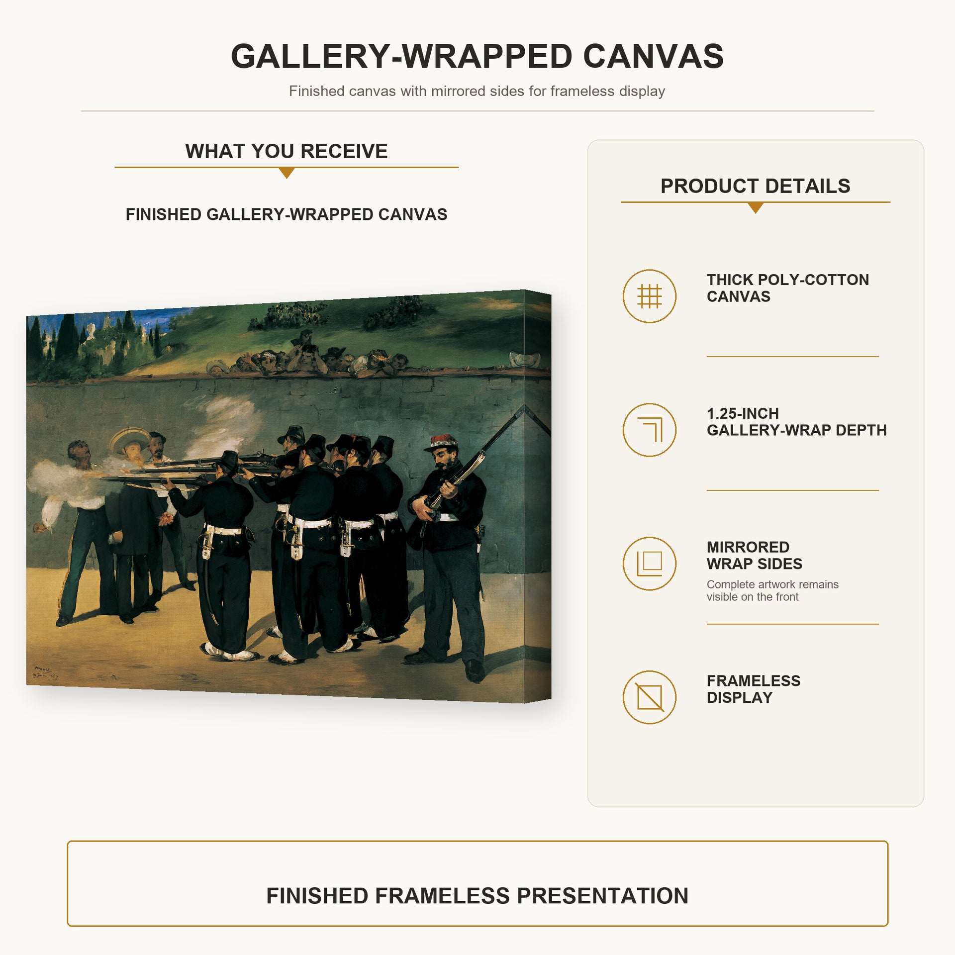 Edouard Manet - The Execution of Emperor Maximilian gallery wrap canvas construction and hanging details infographic