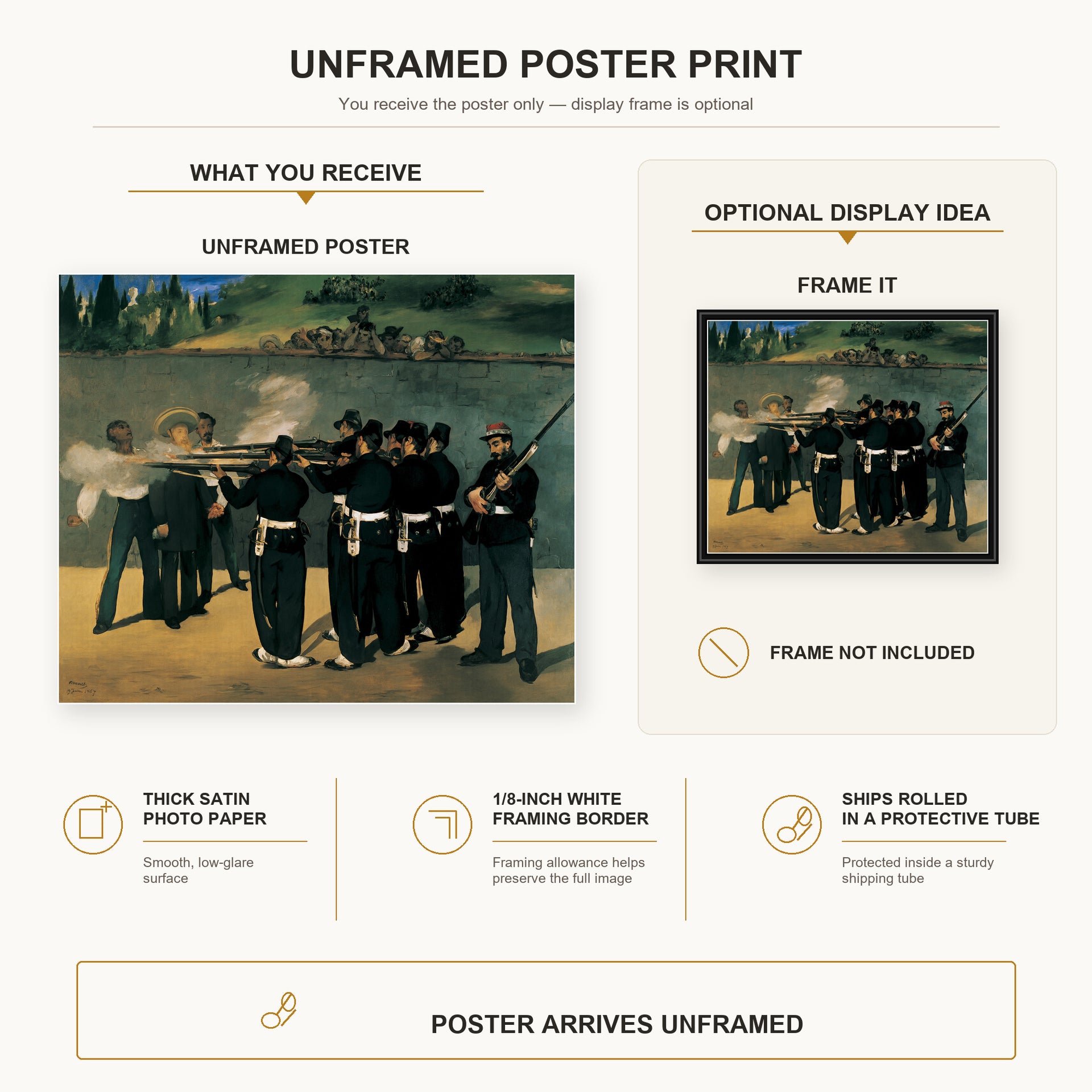 Edouard Manet - The Execution of Emperor Maximilian poster print size comparison and framing display infographic