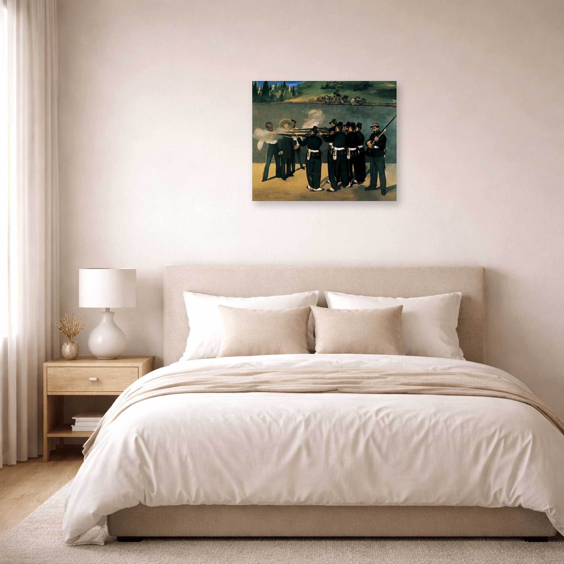 Unframed poster print of Edouard Manet's 'The Execution of Emperor Maximilian' displayed on a wall in a bedroom