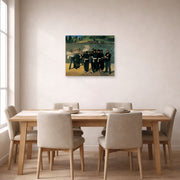 Unframed poster print of Edouard Manet's 'The Execution of Emperor Maximilian' displayed on a wall in a dining room
