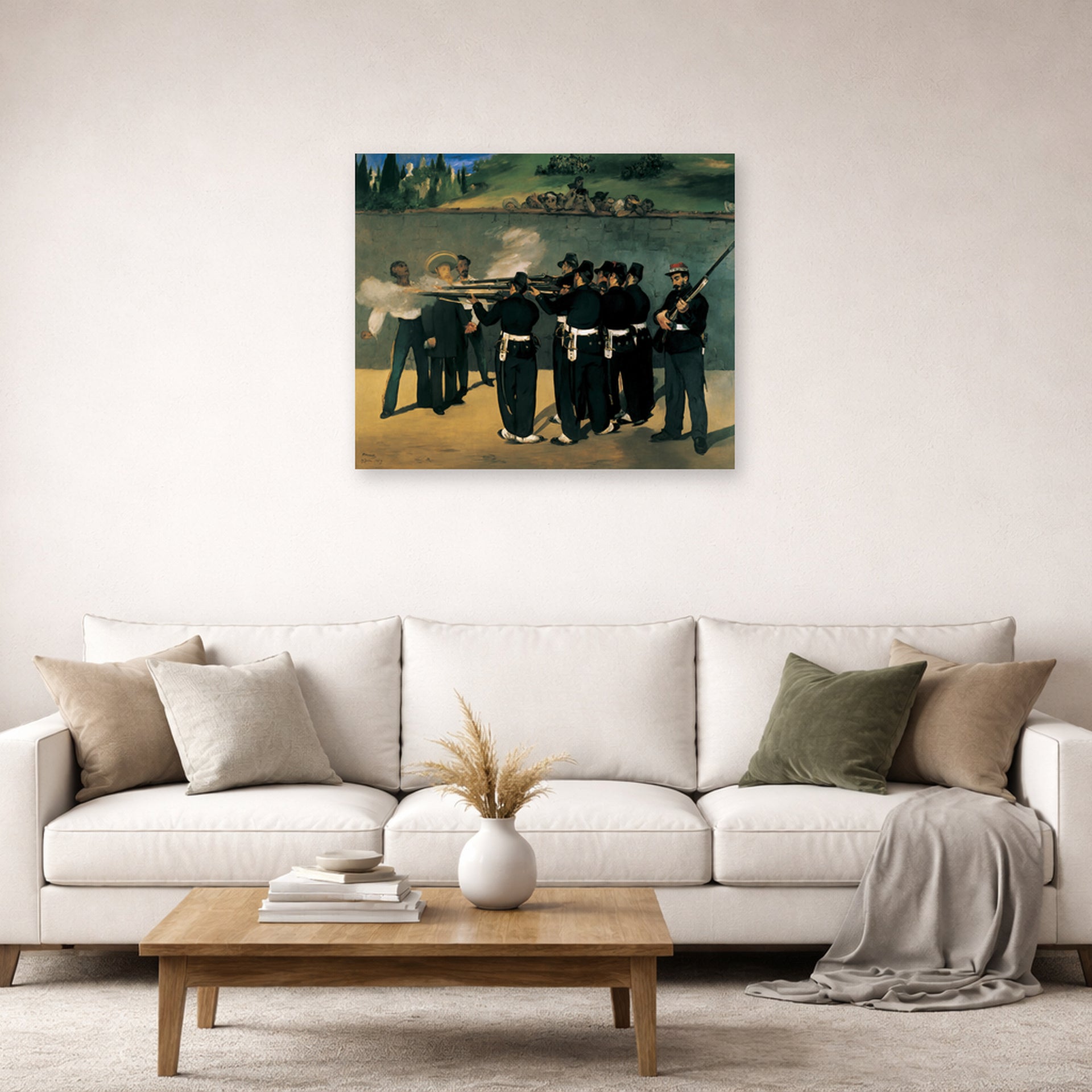 Unframed poster print of Edouard Manet's 'The Execution of Emperor Maximilian' displayed on a wall in a living room