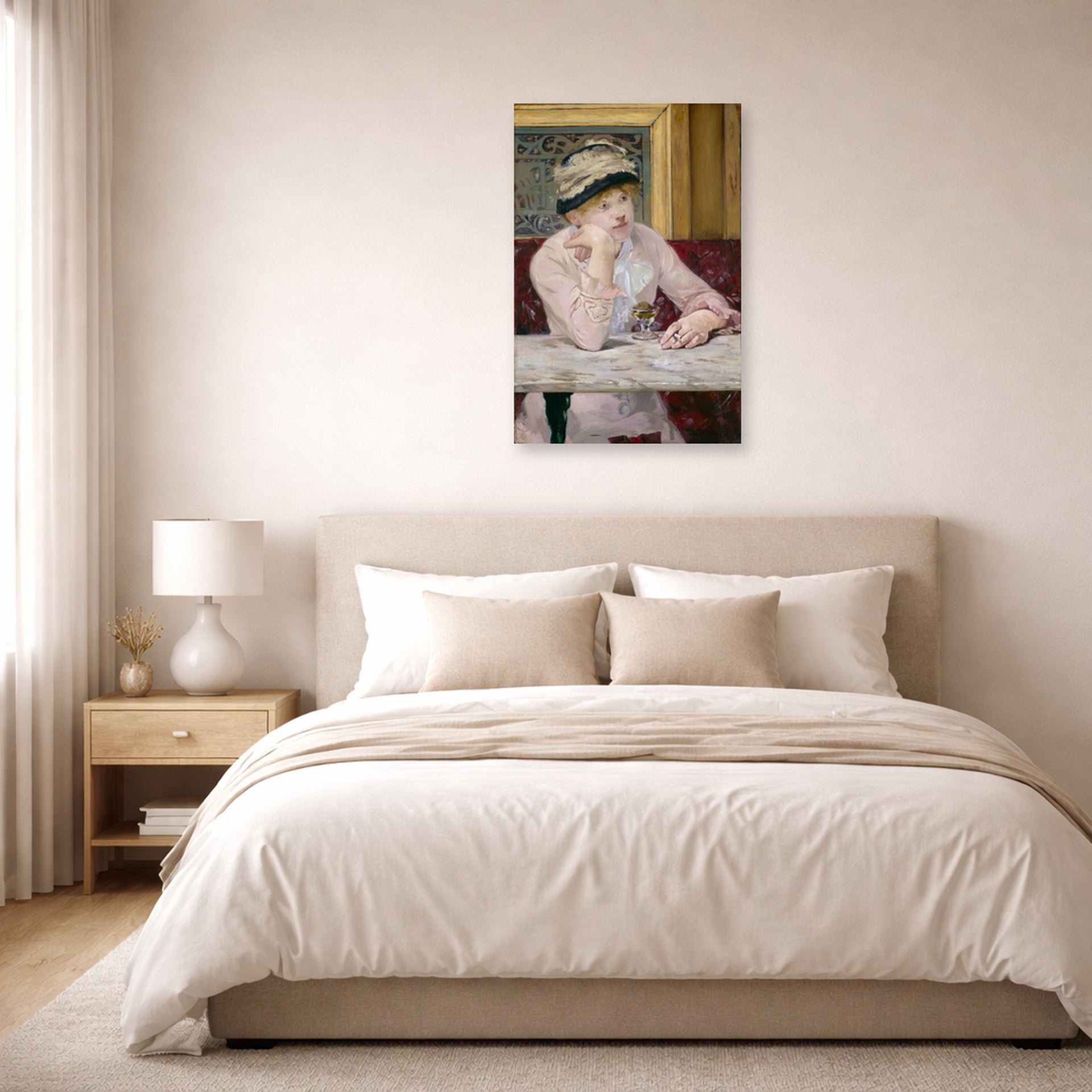 Unframed poster print of Edouard Manet's 'The Plum, National Gallery of Art' displayed on a wall in a bedroom