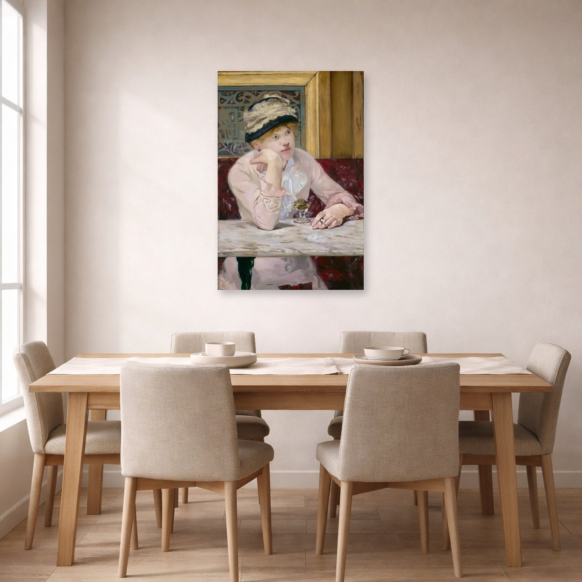Unframed poster print of Edouard Manet's 'The Plum, National Gallery of Art' displayed on a wall in a dining room