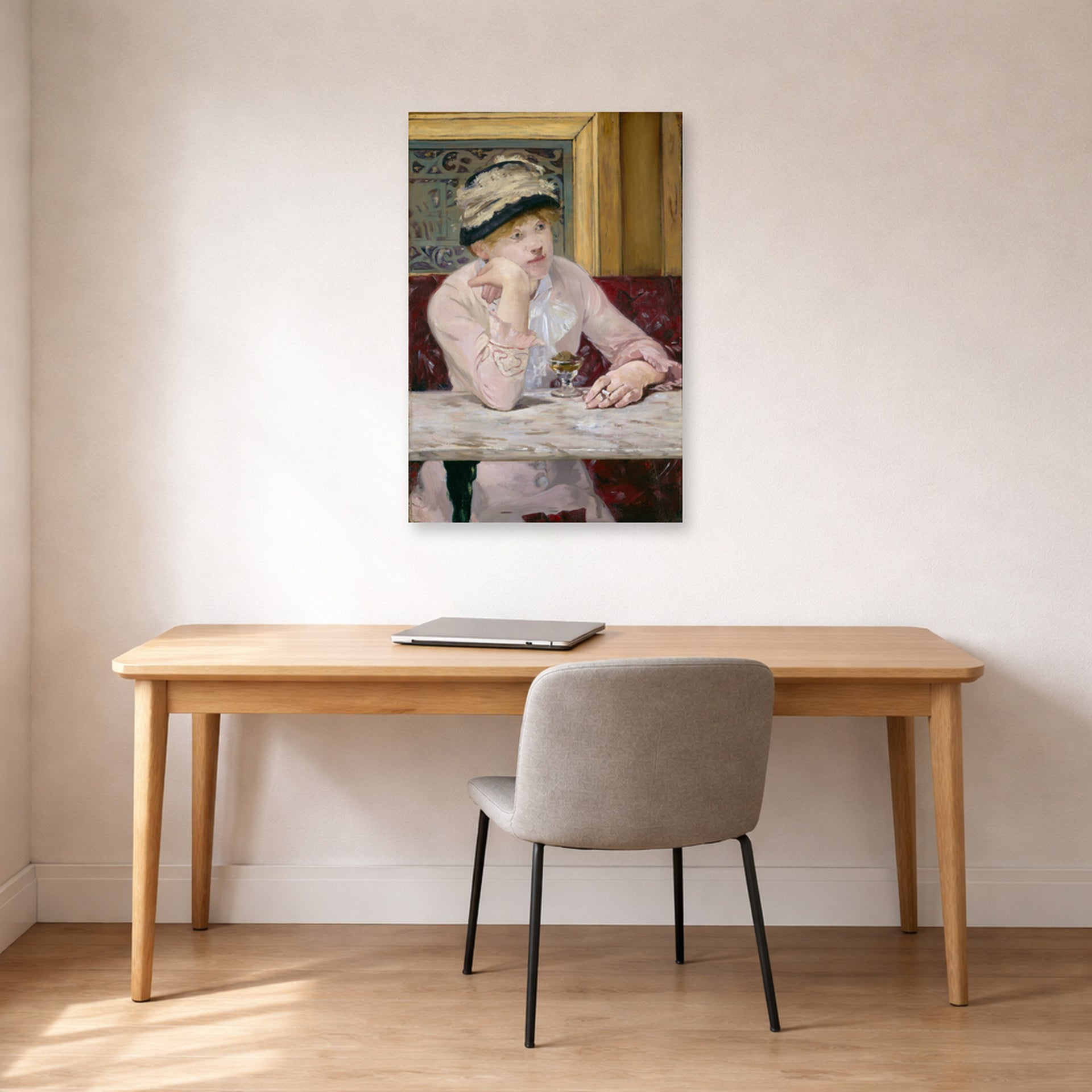 Unframed poster print of Edouard Manet's 'The Plum, National Gallery of Art' displayed on a wall in a home office