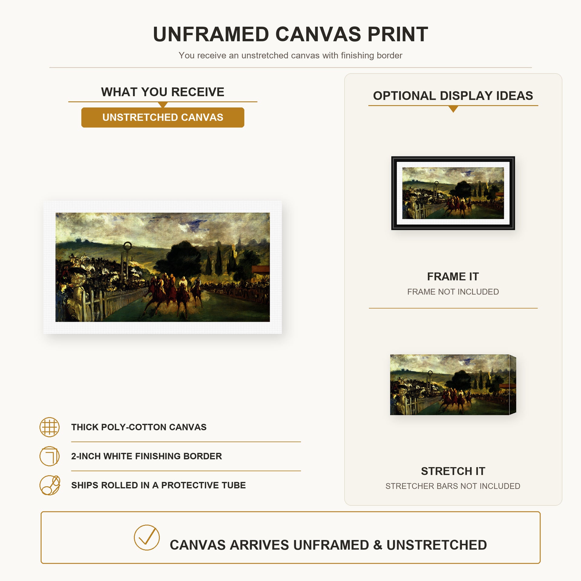 Edouard Manet - The Races at Longchamp canvas print size comparison and framing display infographic