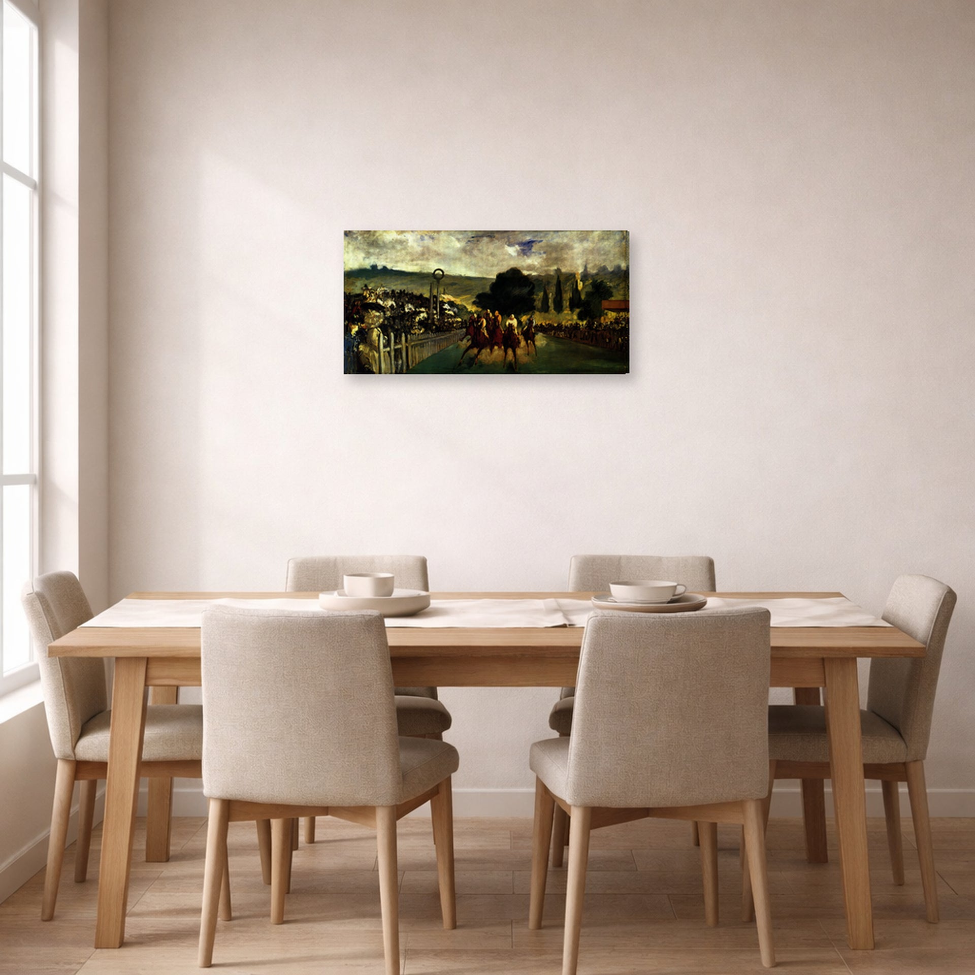 Gallery-wrapped canvas print of Edouard Manet's 'The Races at Longchamp' displayed on a wall in a dining room