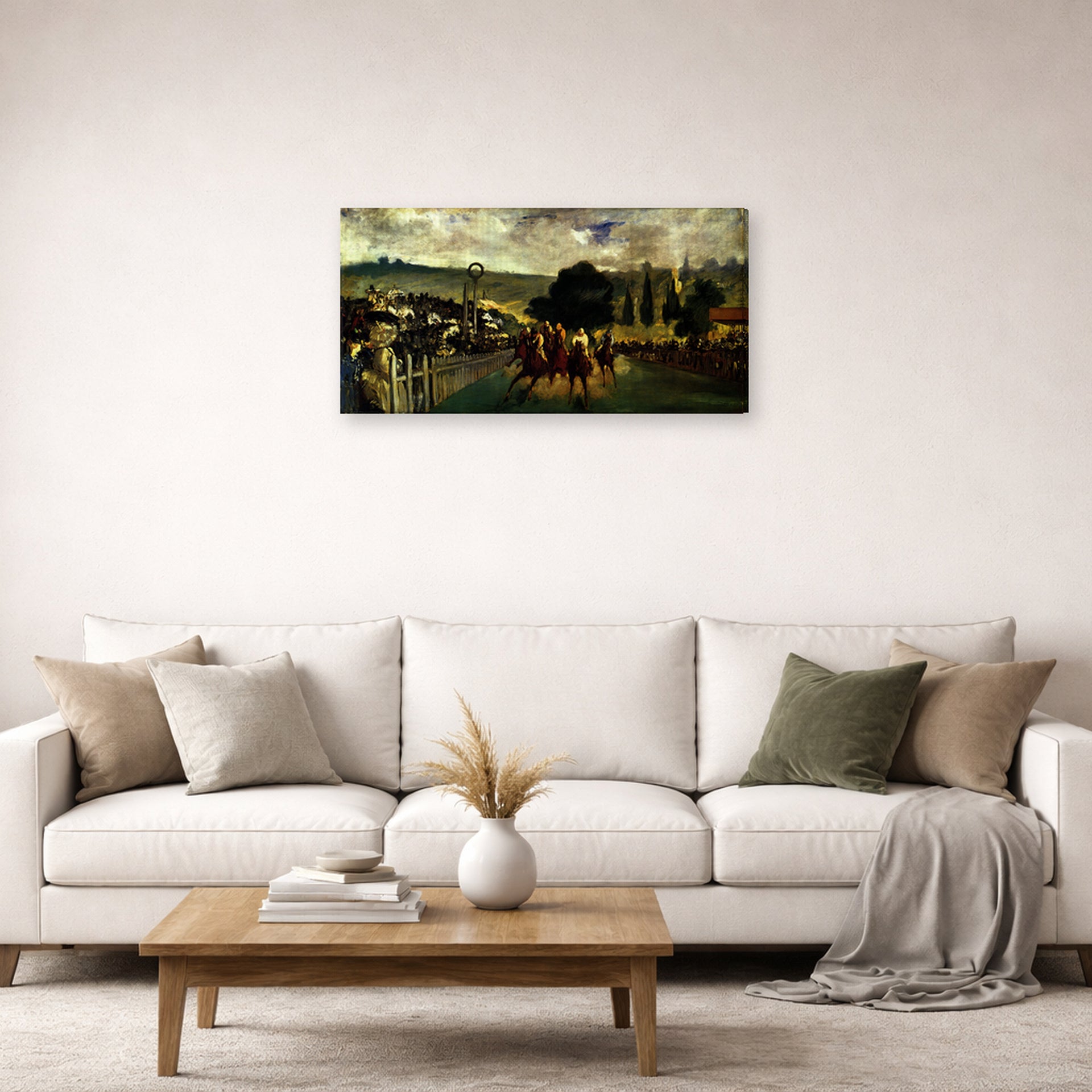 Gallery-wrapped canvas print of Edouard Manet's 'The Races at Longchamp' displayed on a wall in a living room