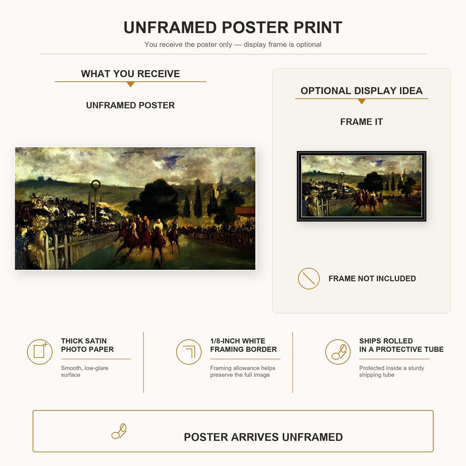 Edouard Manet - The Races at Longchamp poster print size comparison and framing display infographic
