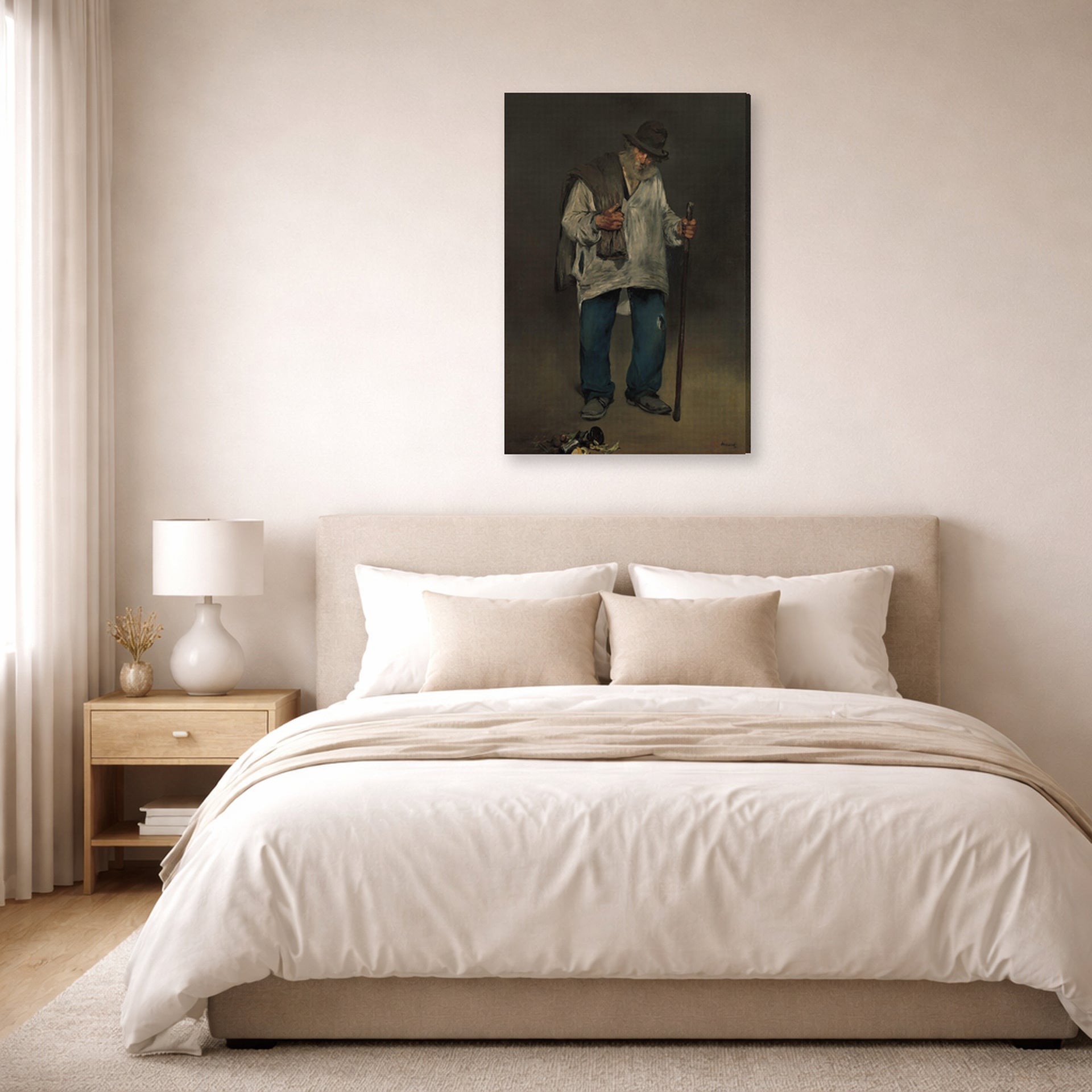 Gallery-wrapped canvas print of Edouard Manet's 'The Ragpicker, Norton Simon Museum' displayed on a wall in a bedroom