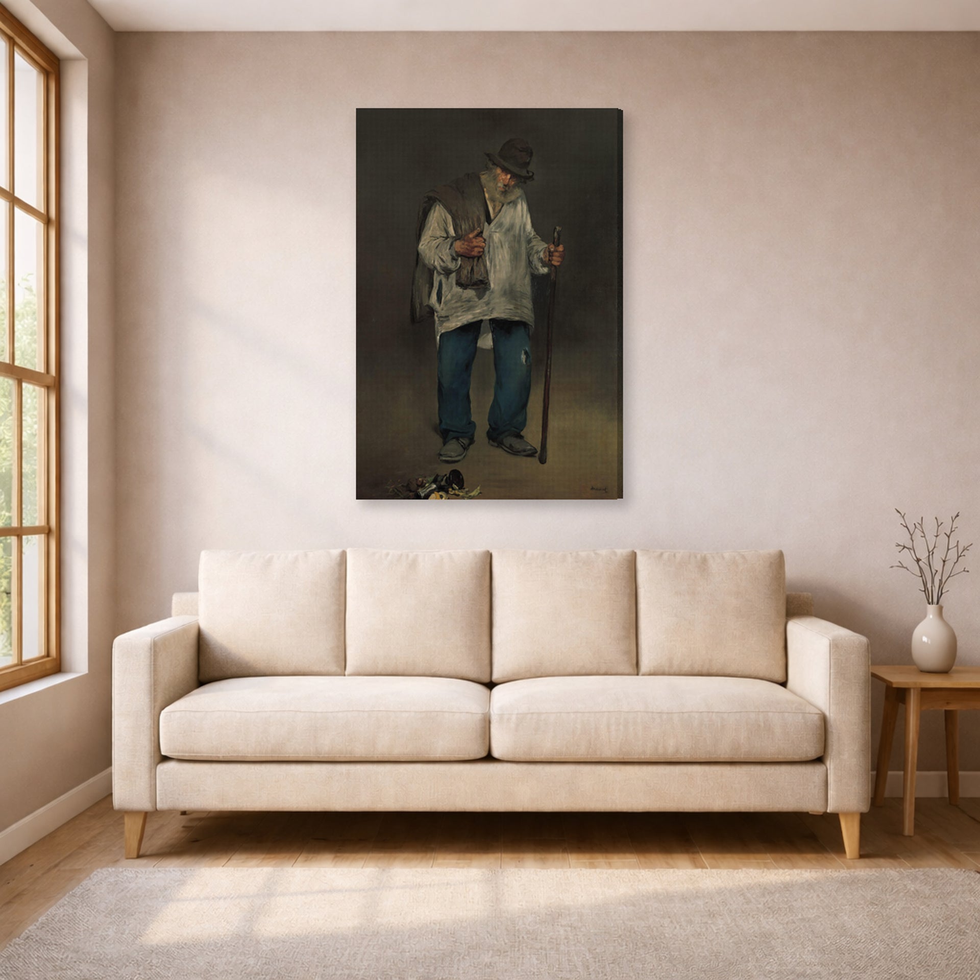 Gallery-wrapped canvas print of Edouard Manet's 'The Ragpicker, Norton Simon Museum' displayed on a wall in a living room