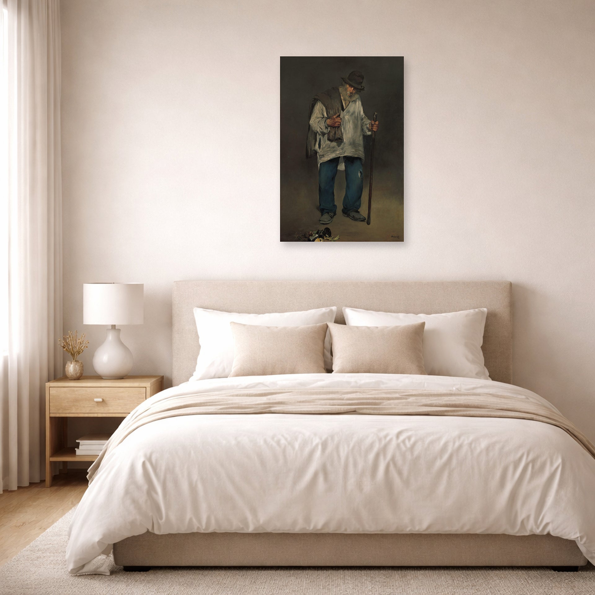 Unframed poster print of Edouard Manet's 'The Ragpicker, Norton Simon Museum' displayed on a wall in a bedroom