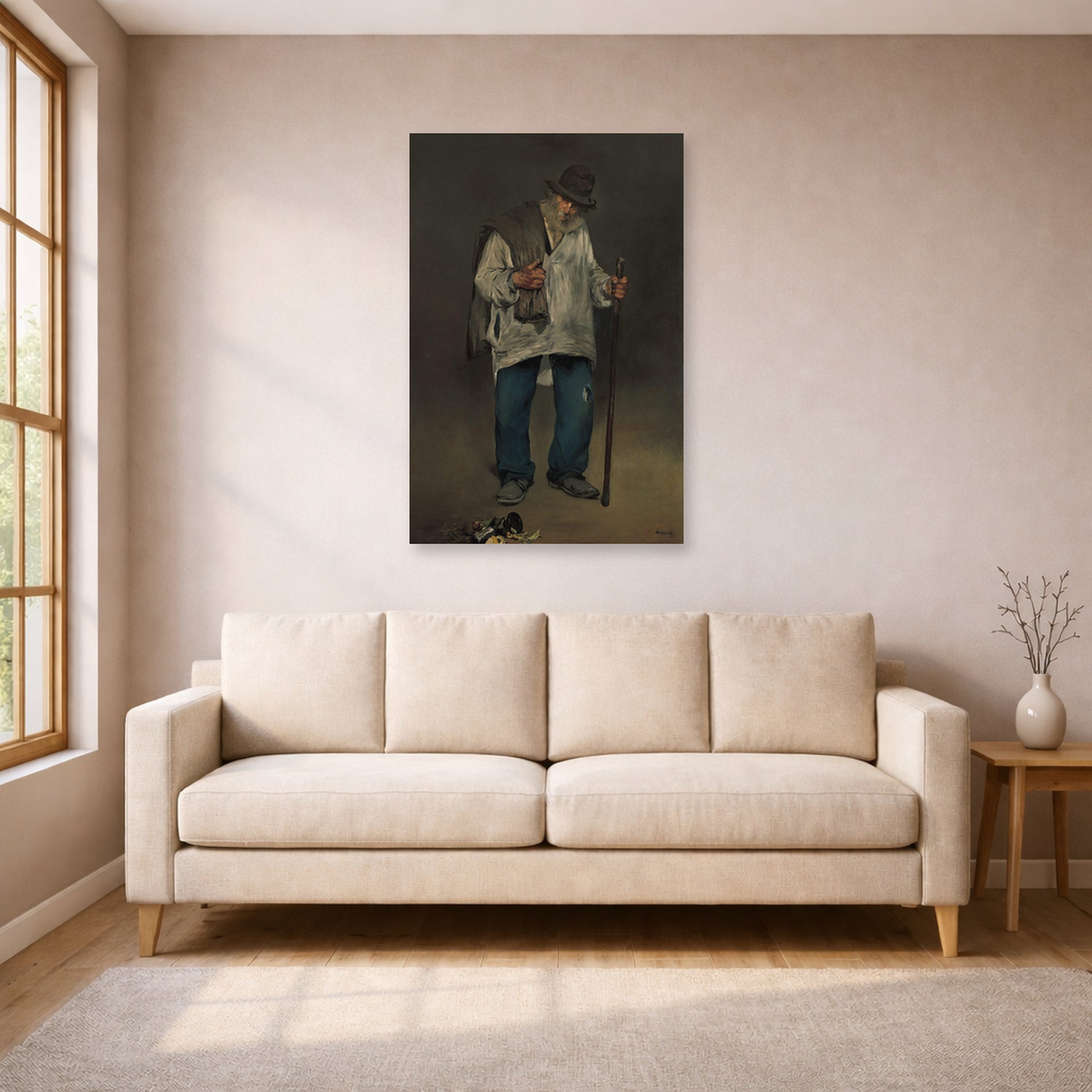 Unframed poster print of Edouard Manet's 'The Ragpicker, Norton Simon Museum' displayed on a wall in a living room