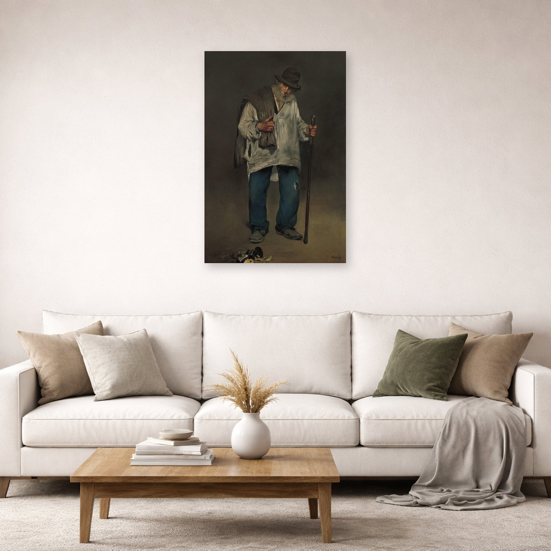 Unframed poster print of Edouard Manet's 'The Ragpicker, Norton Simon Museum' displayed on a wall in a living room