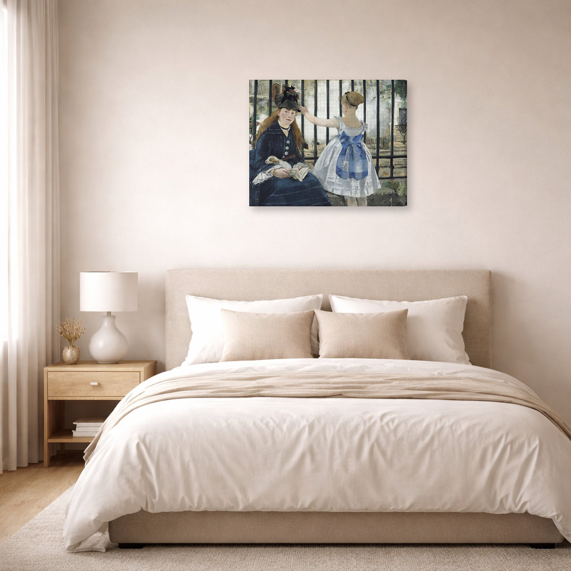 Gallery-wrapped canvas print of Edouard Manet's 'The Railway' displayed on a wall in a bedroom