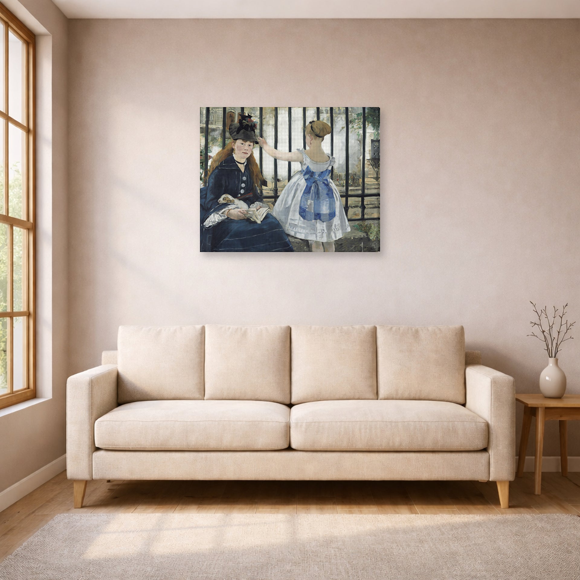 Gallery-wrapped canvas print of Edouard Manet's 'The Railway' displayed on a wall in a living room