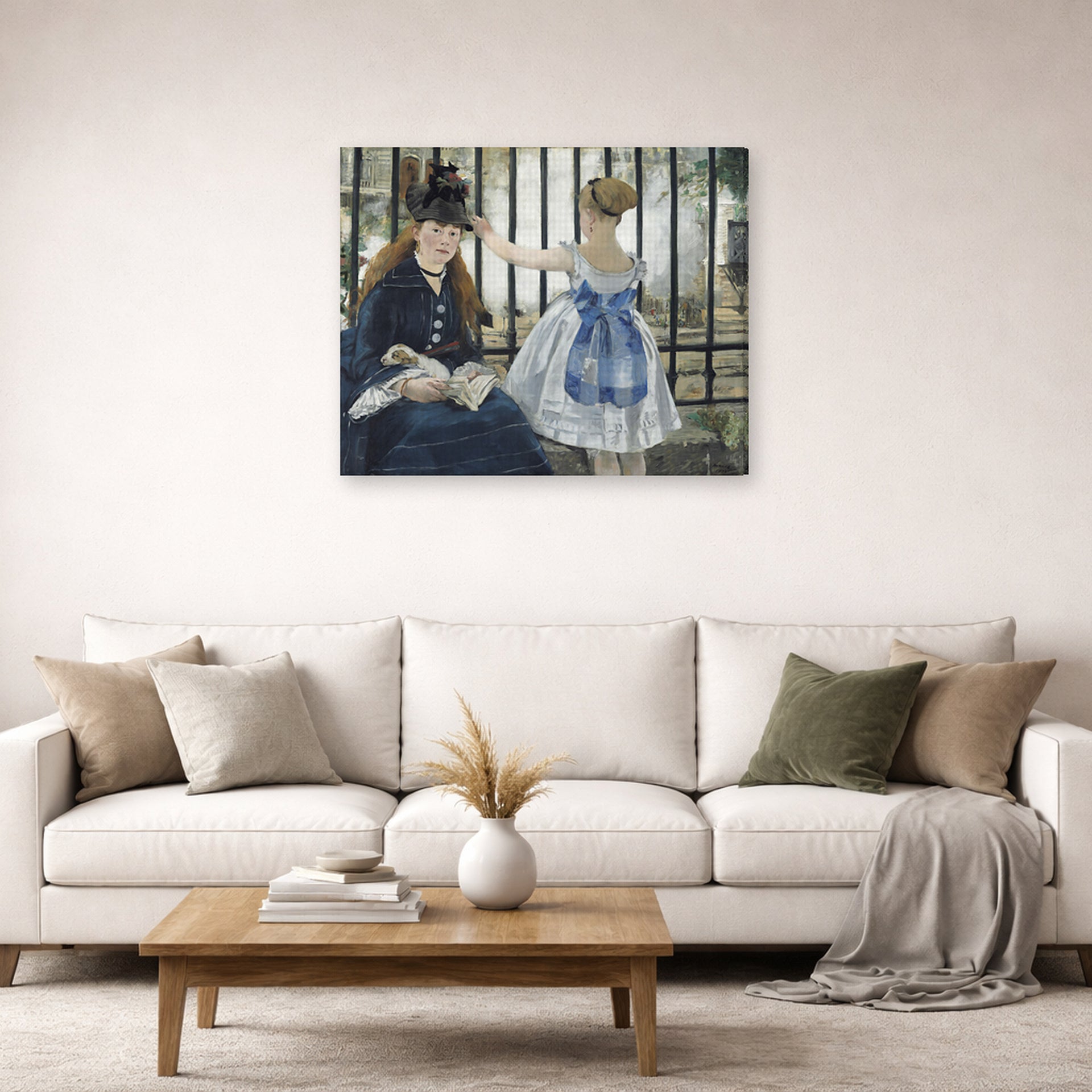 Gallery-wrapped canvas print of Edouard Manet's 'The Railway' displayed on a wall in a living room