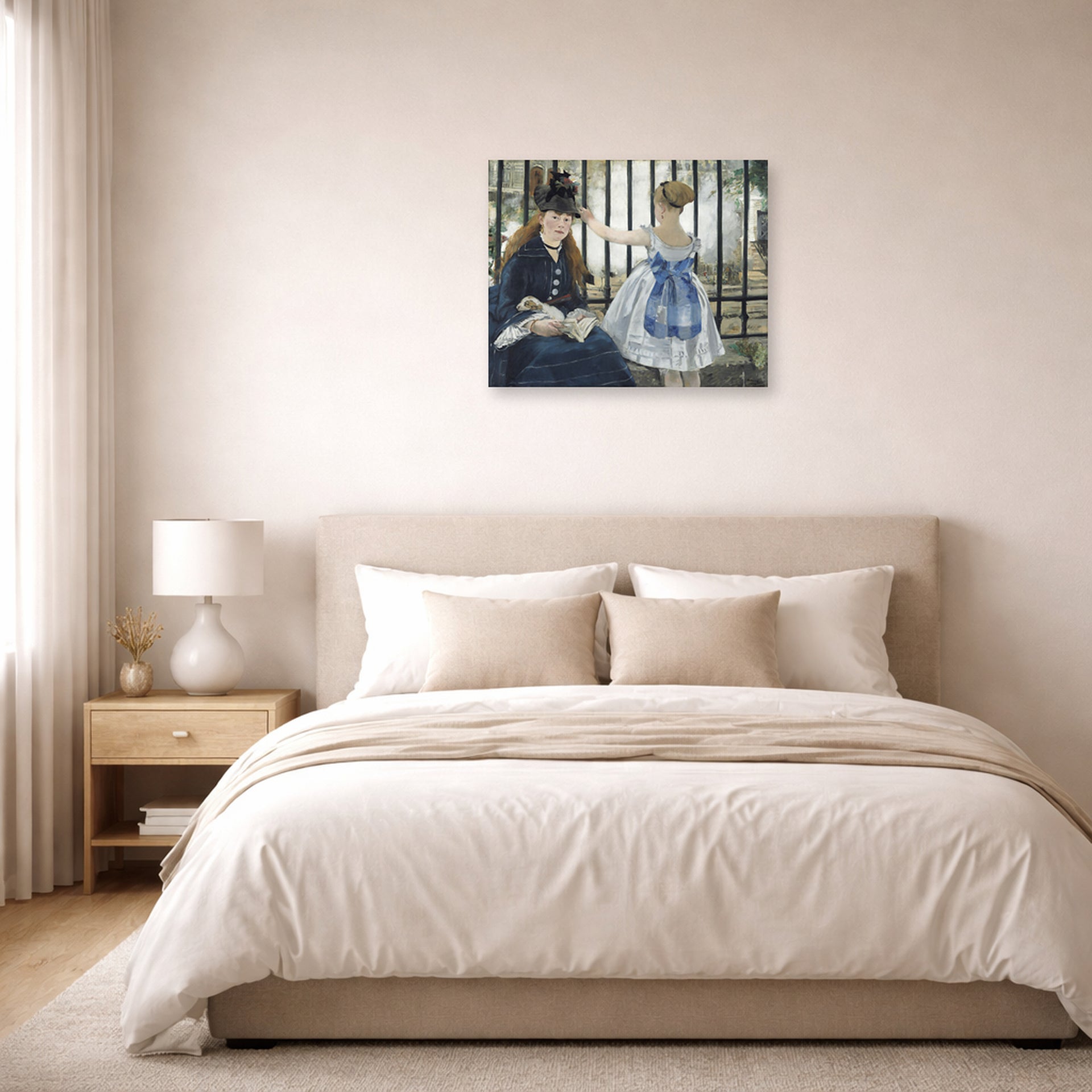 Unframed poster print of Edouard Manet's 'The Railway' displayed on a wall in a bedroom