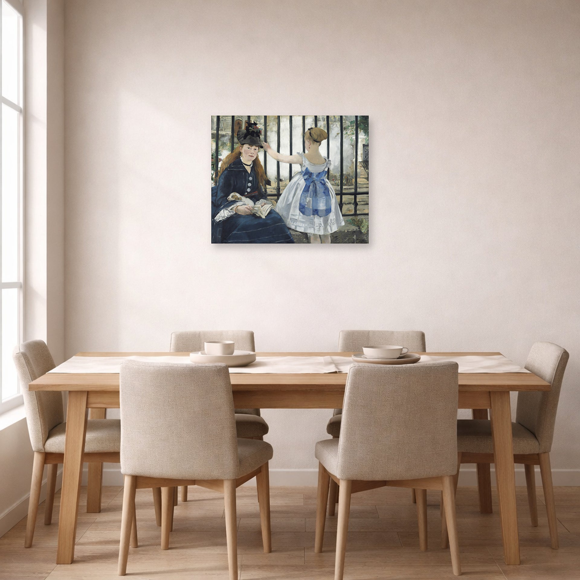 Unframed poster print of Edouard Manet's 'The Railway' displayed on a wall in a dining room