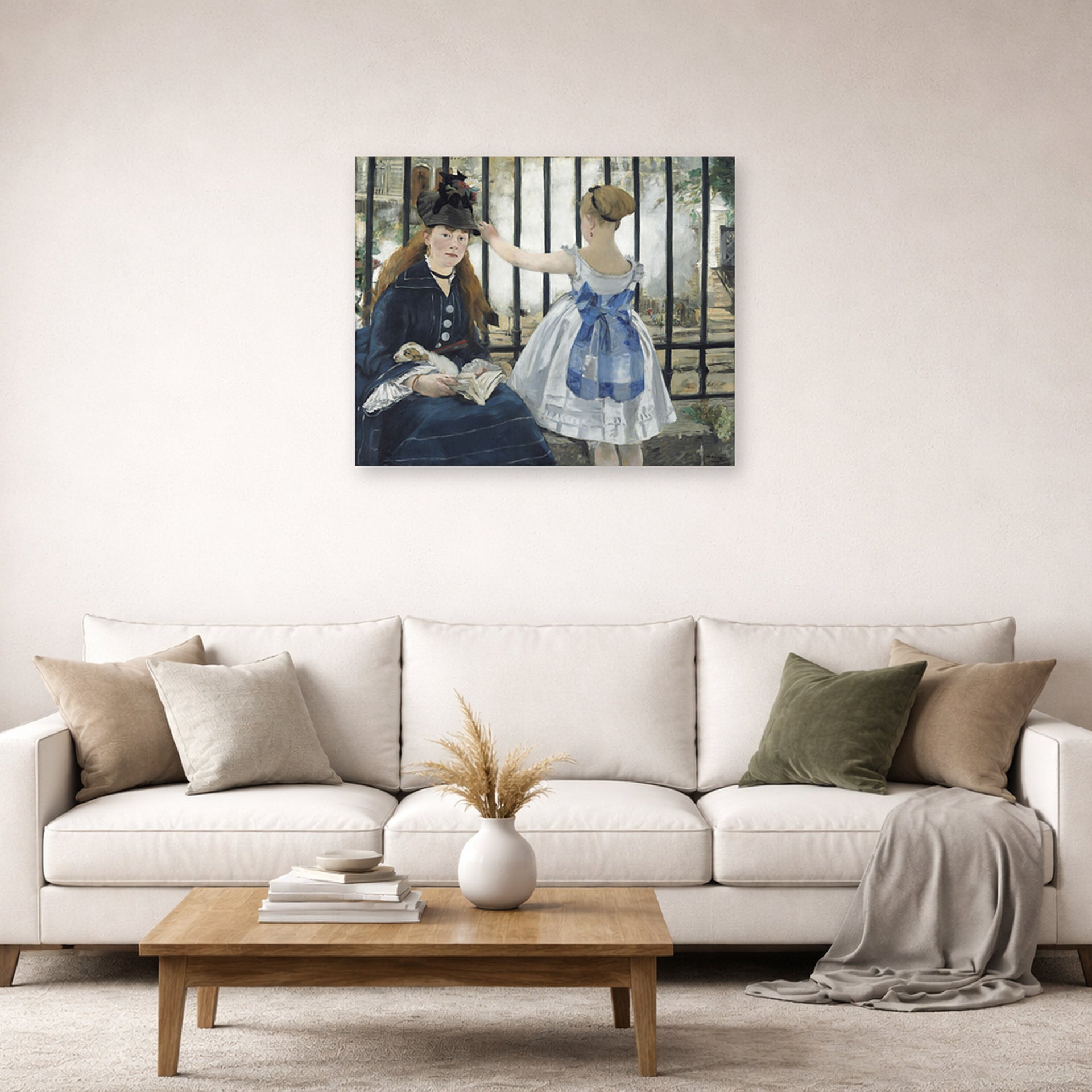 Unframed poster print of Edouard Manet's 'The Railway' displayed on a wall in a living room