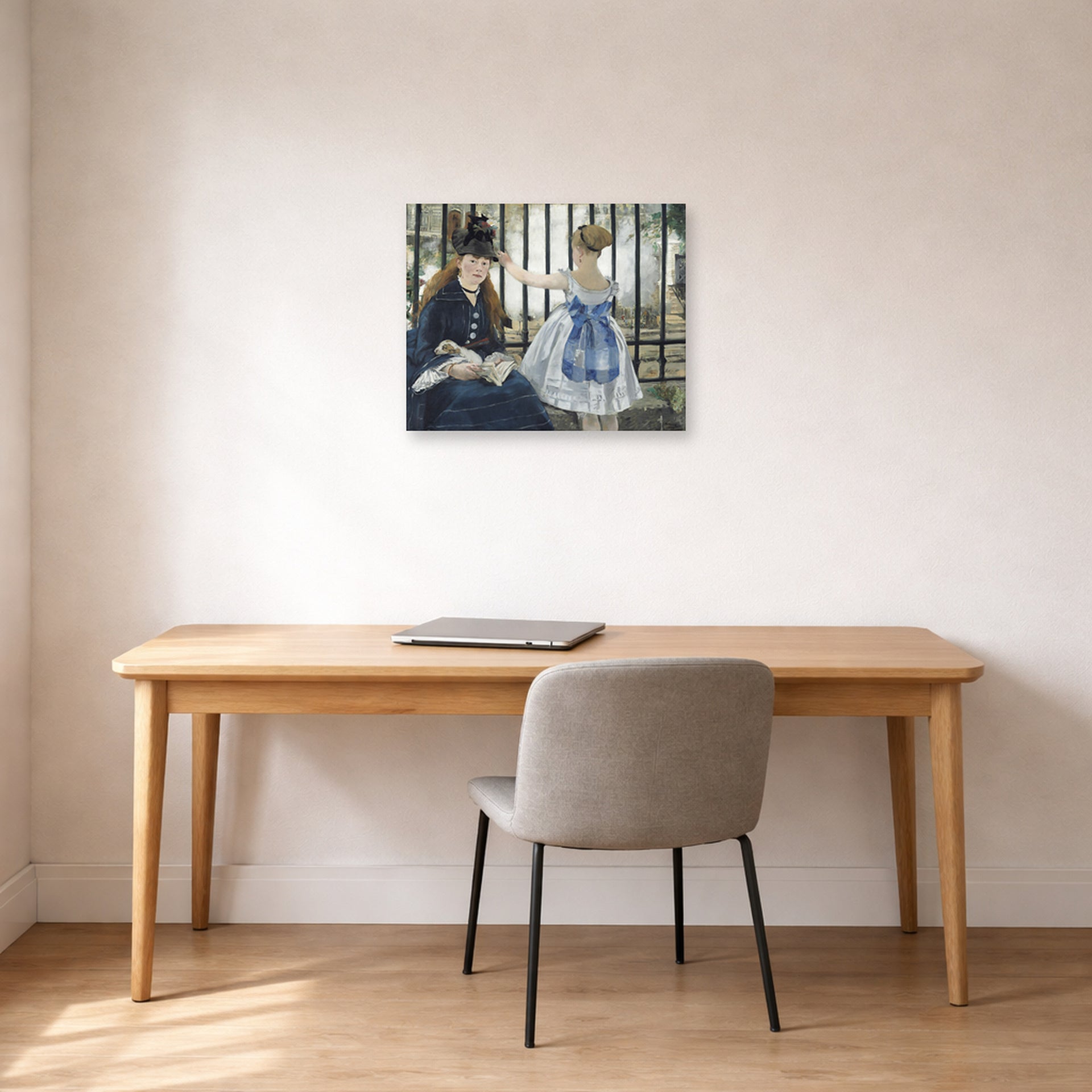 Unframed poster print of Edouard Manet's 'The Railway' displayed on a wall in a home office
