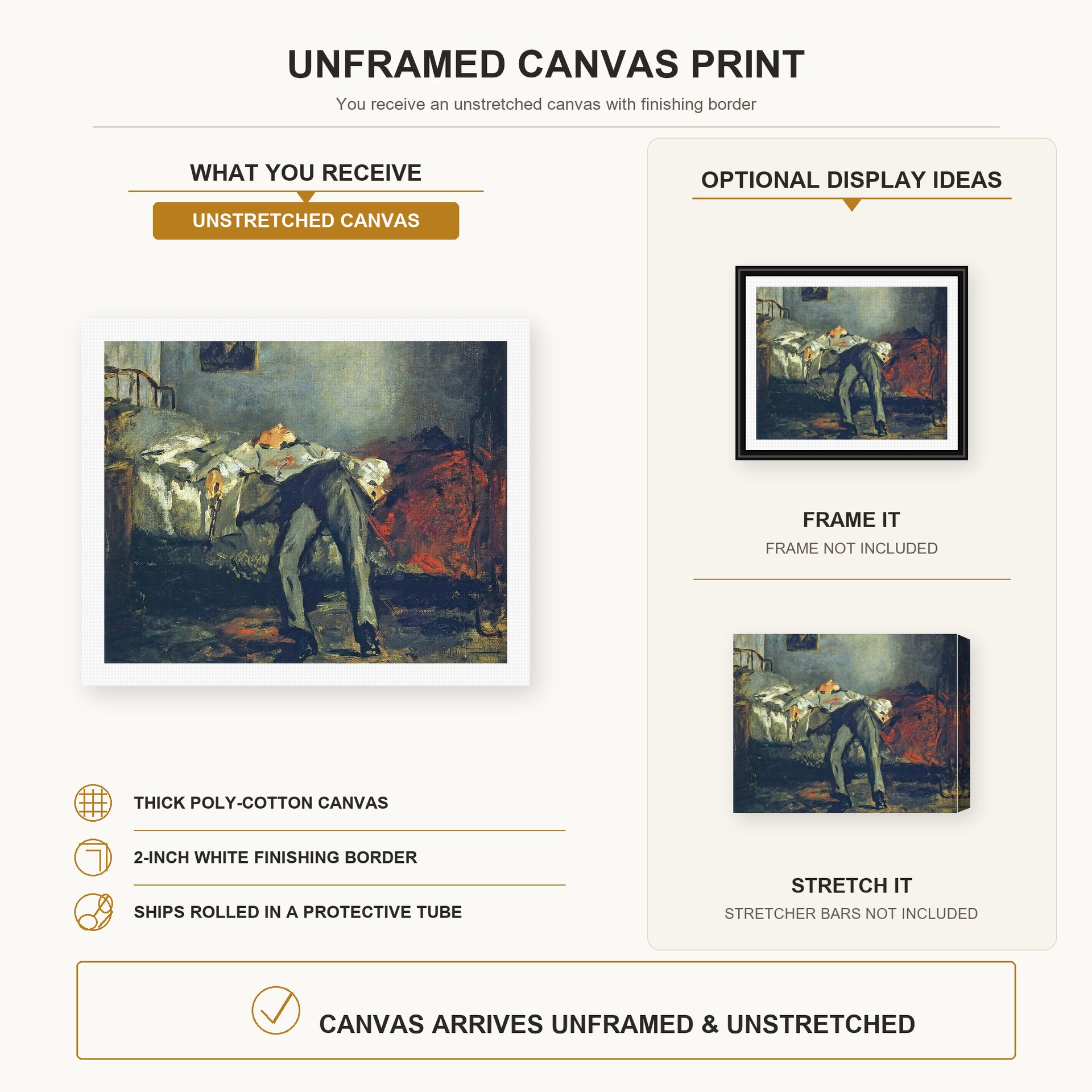 Edouard Manet - The Suicide, Le Suicidé canvas print size comparison and framing display infographic