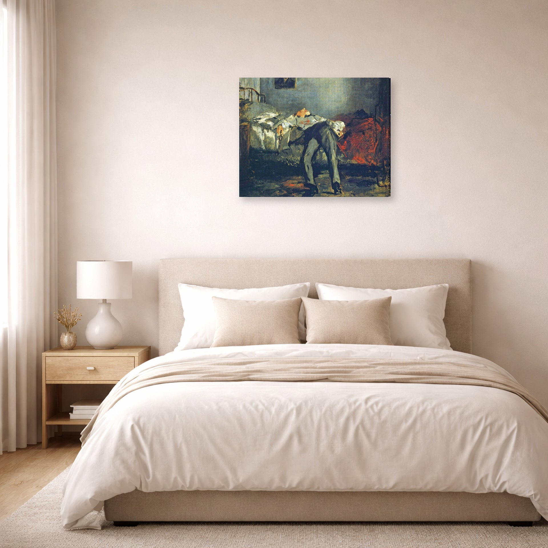 Gallery-wrapped canvas print of Edouard Manet's 'The Suicide, Le Suicidé' displayed on a wall in a bedroom