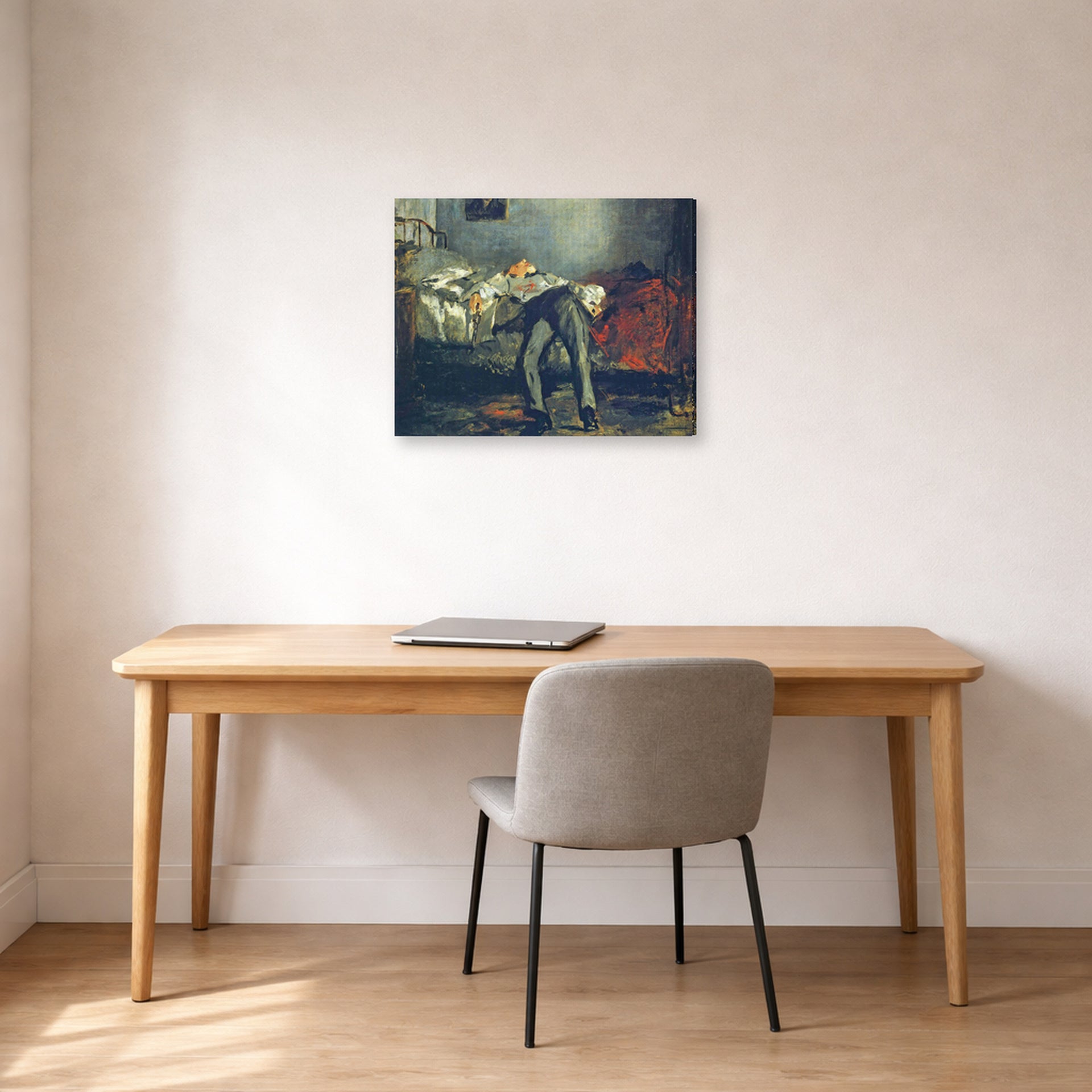 Gallery-wrapped canvas print of Edouard Manet's 'The Suicide, Le Suicidé' displayed on a wall in a home office