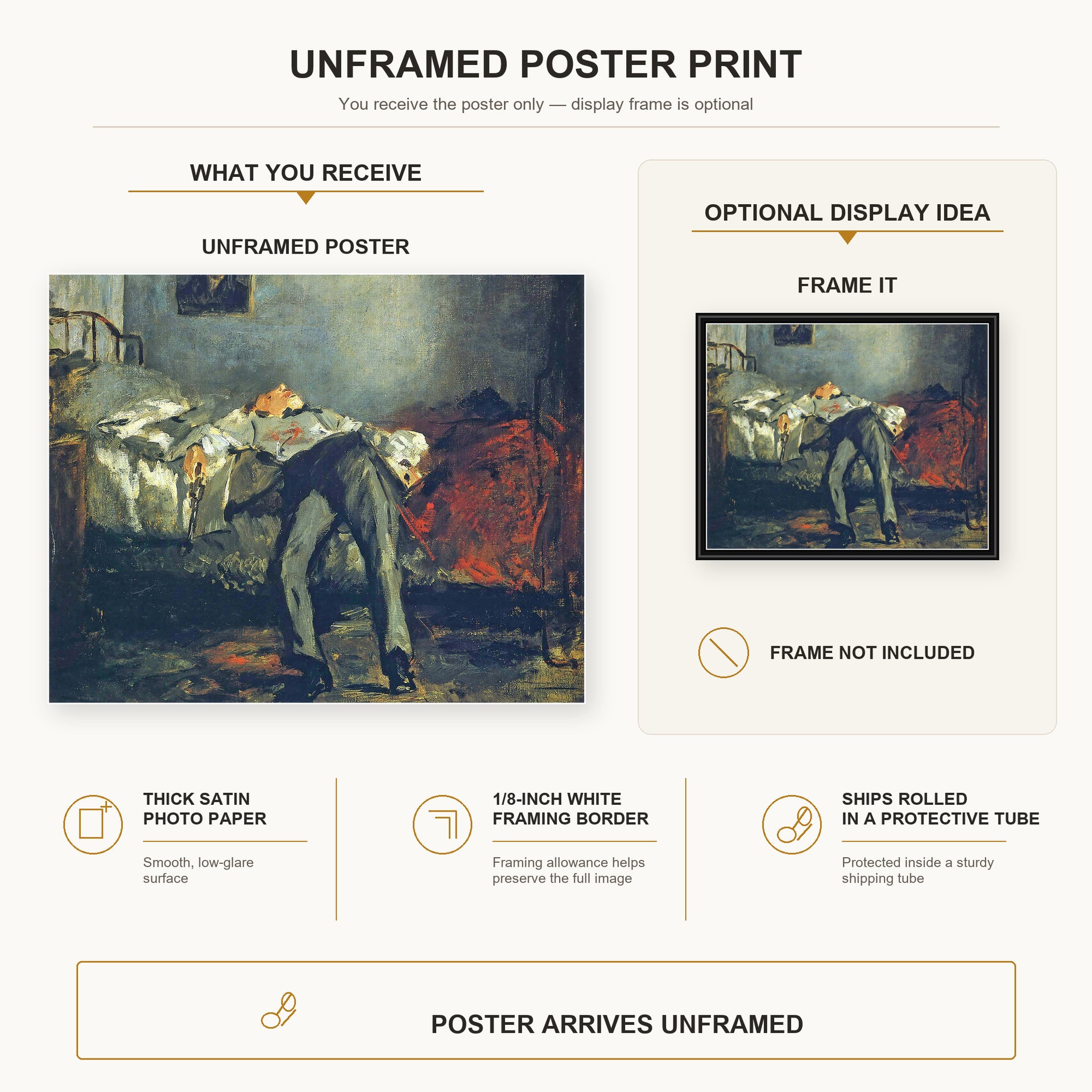 Edouard Manet - The Suicide, Le Suicidé poster print size comparison and framing display infographic