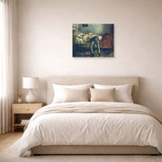 Unframed poster print of Edouard Manet's 'The Suicide, Le Suicidé' displayed on a wall in a bedroom