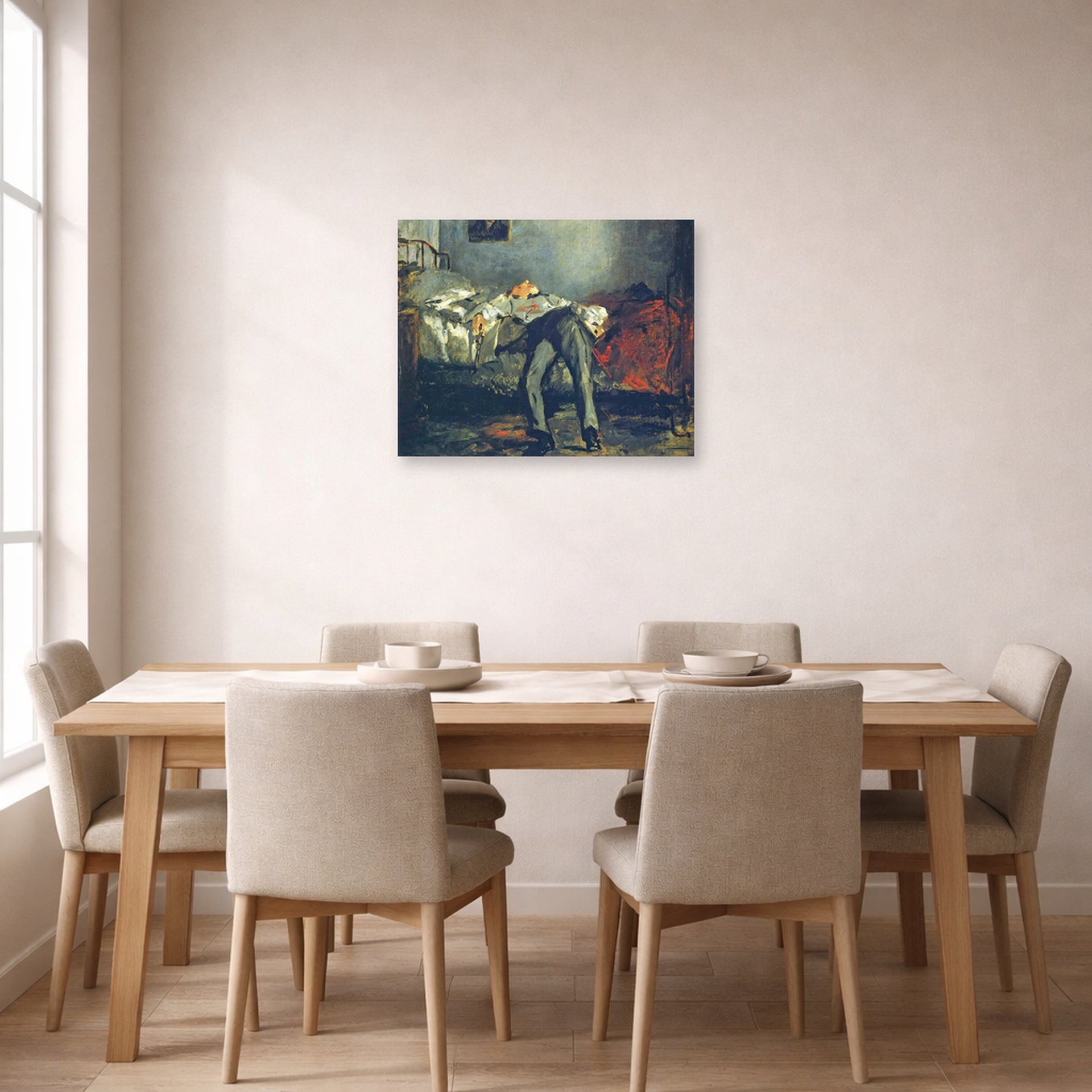 Unframed poster print of Edouard Manet's 'The Suicide, Le Suicidé' displayed on a wall in a dining room