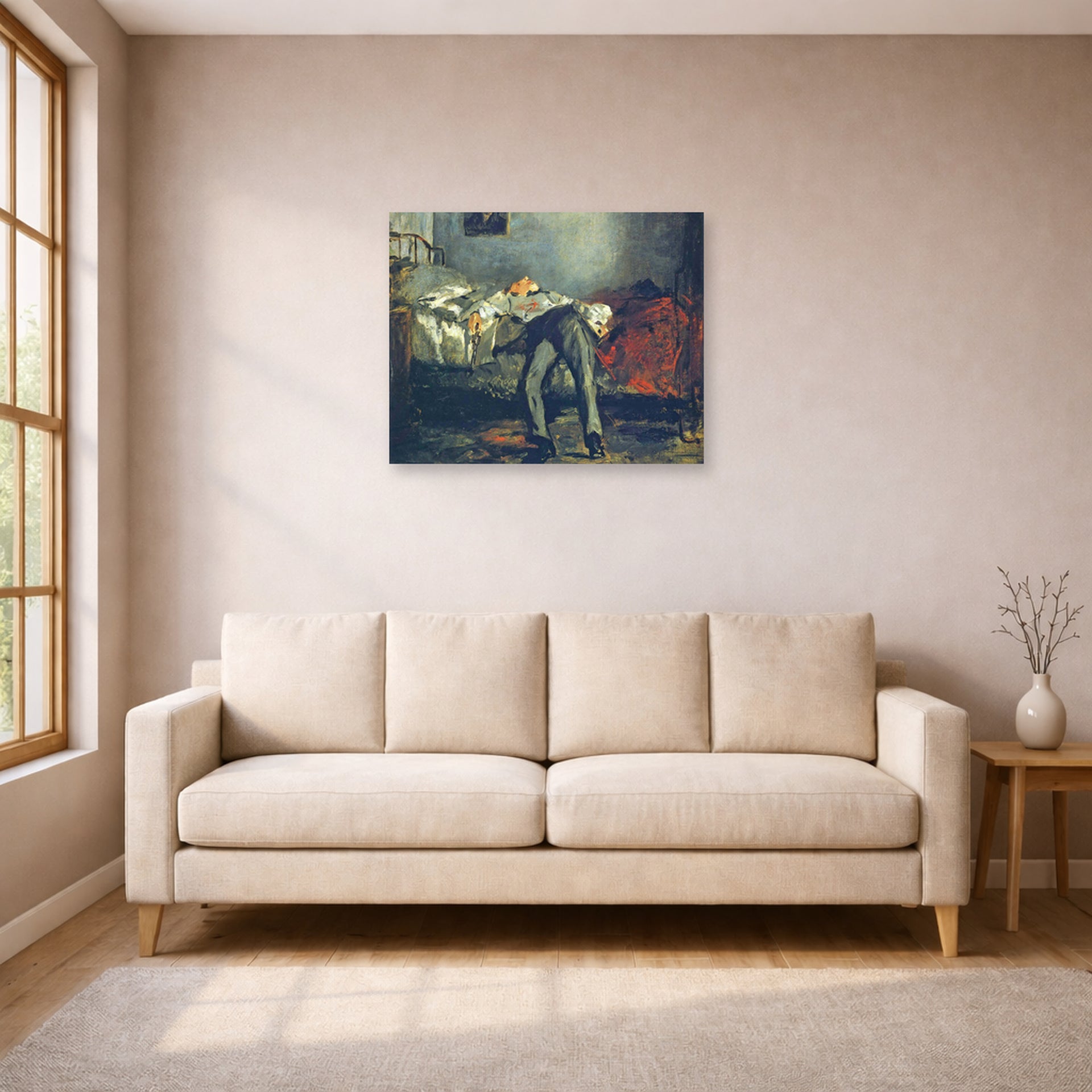 Unframed poster print of Edouard Manet's 'The Suicide, Le Suicidé' displayed on a wall in a living room