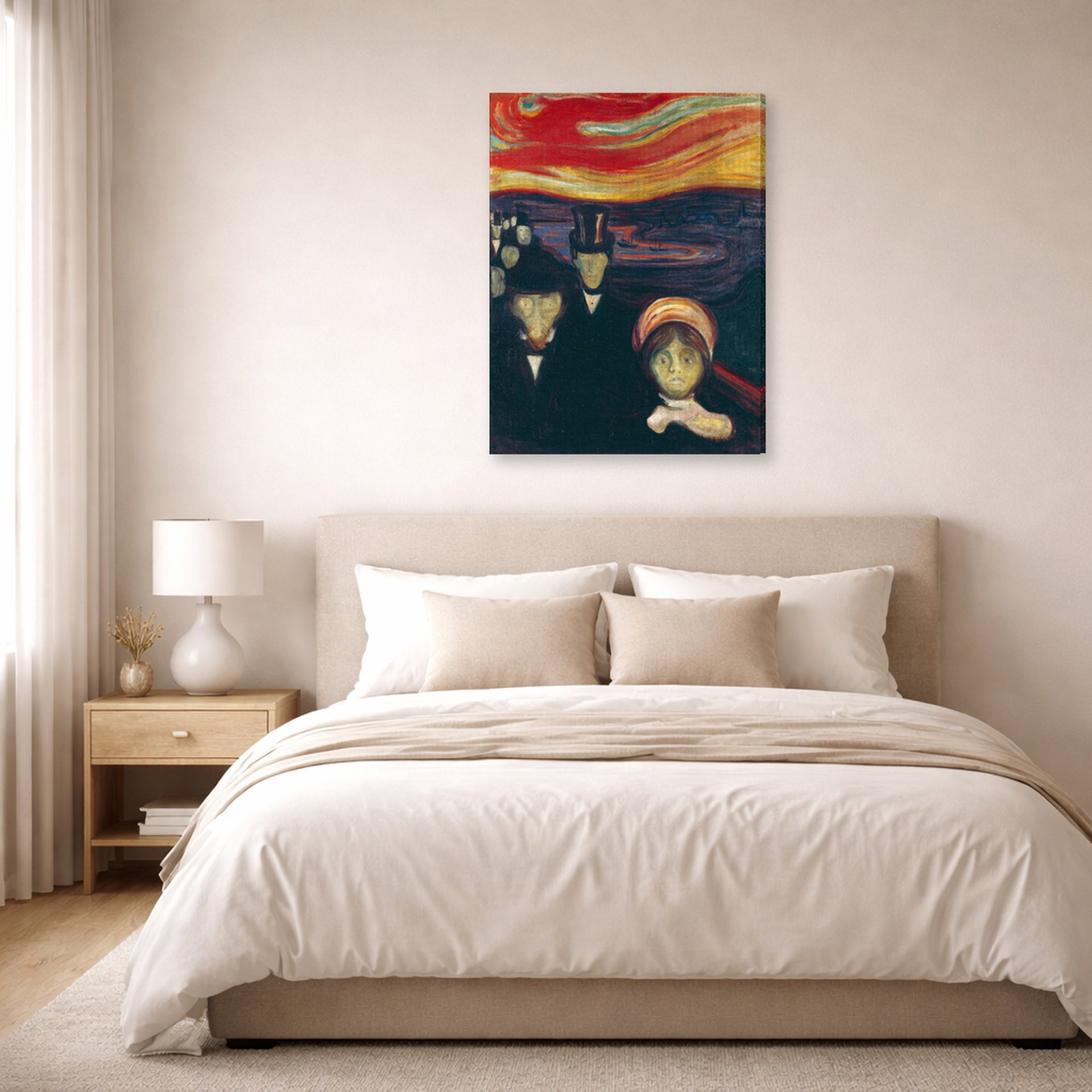 Gallery-wrapped canvas print of Edvard Munch's Anxiety displayed on a wall in a bedroom