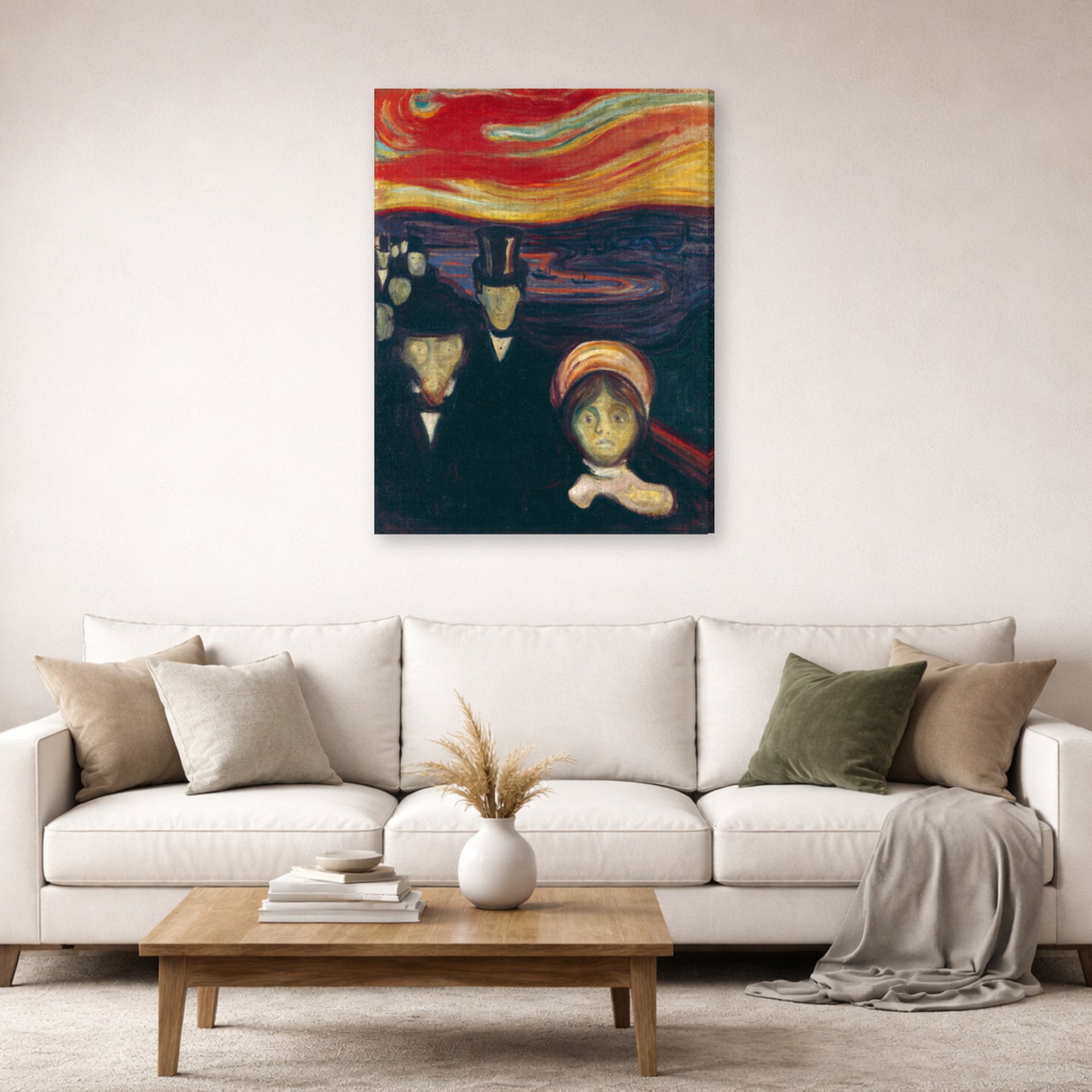 Gallery-wrapped canvas print of Edvard Munch's Anxiety displayed on a wall in a living room
