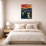 Unframed poster print of Edvard Munch's Anxiety displayed on a wall in a bedroom