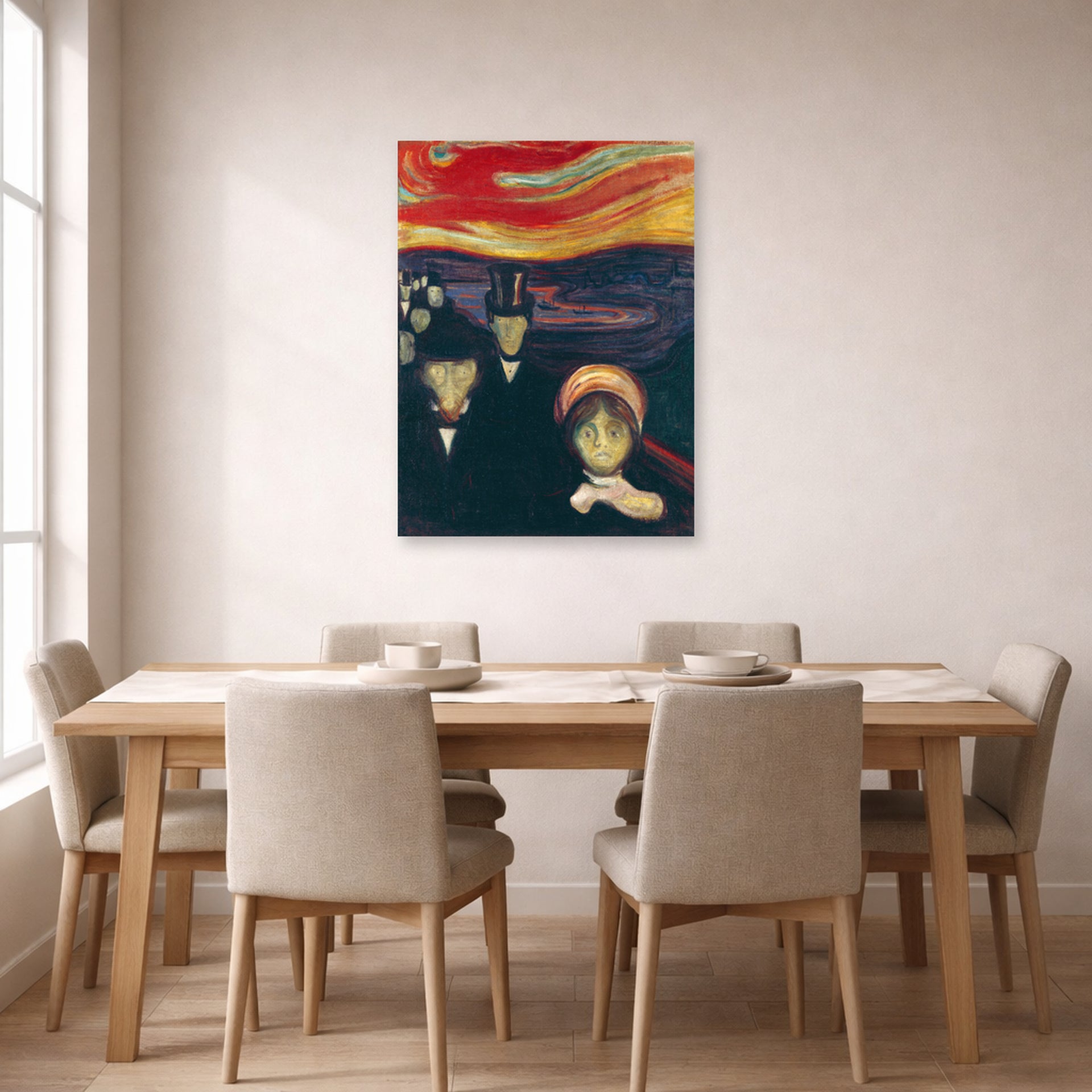Unframed poster print of Edvard Munch's Anxiety displayed on a wall in a dining room