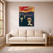 Unframed poster print of Edvard Munch's Anxiety displayed on a wall in a living room