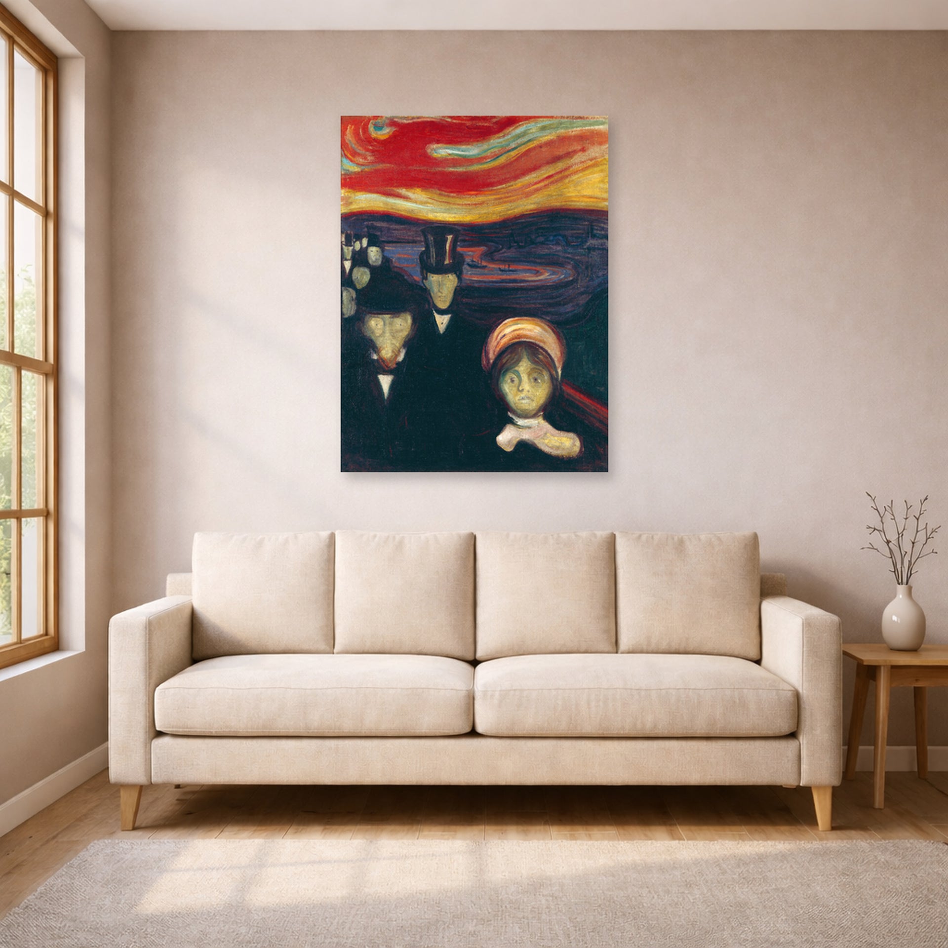 Unframed poster print of Edvard Munch's Anxiety displayed on a wall in a living room