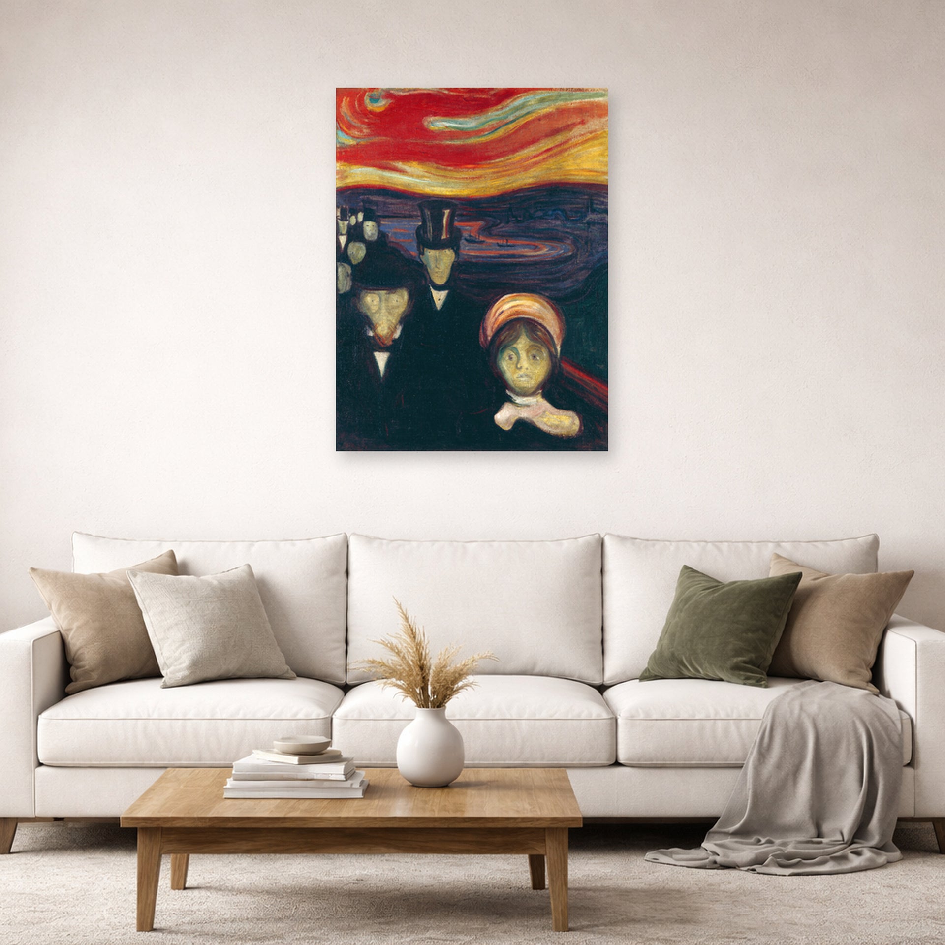 Unframed poster print of Edvard Munch's Anxiety displayed on a wall in a living room