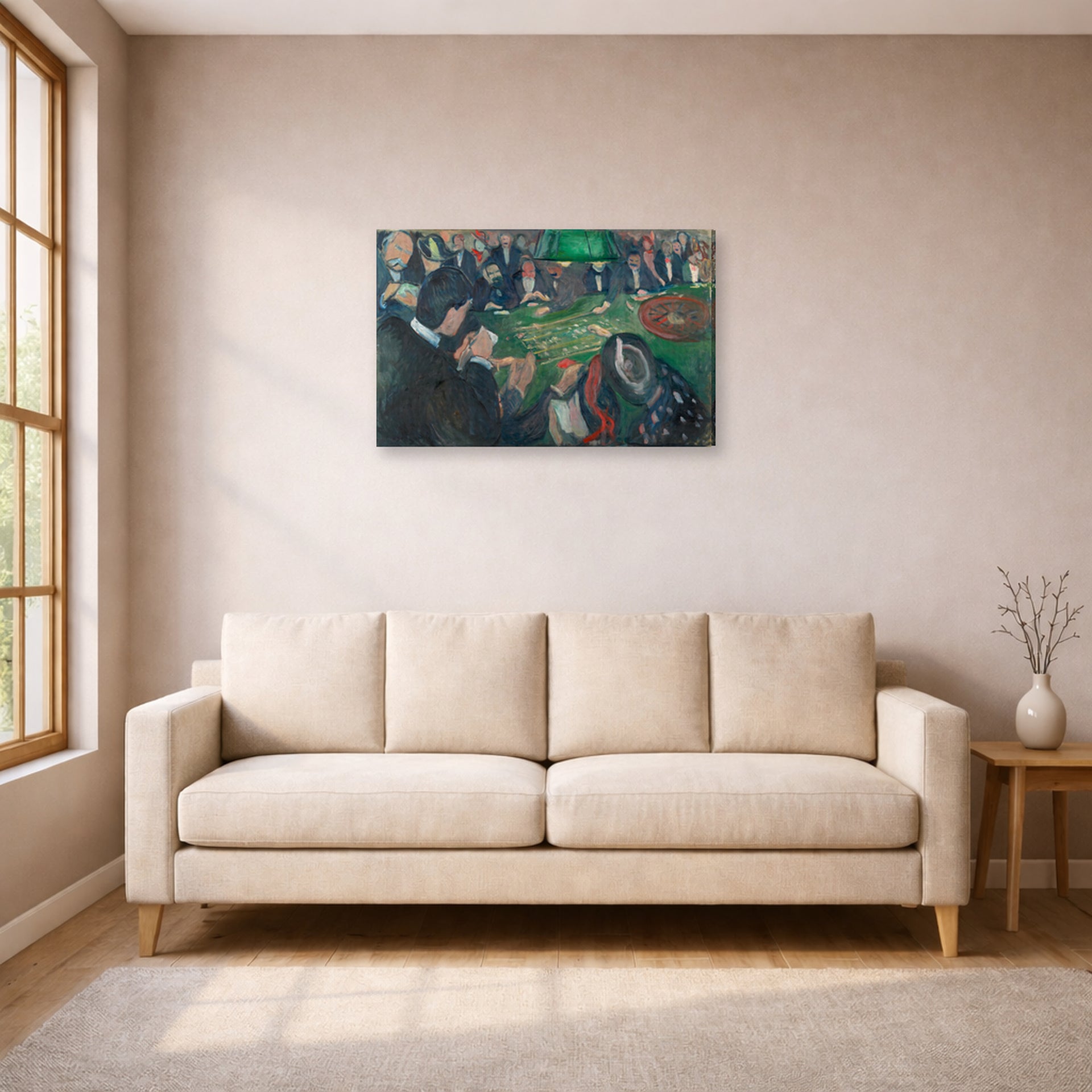 Gallery-wrapped canvas print of Edvard Munch's At the Roulette Table in Monte Carlo displayed on a wall in a living room