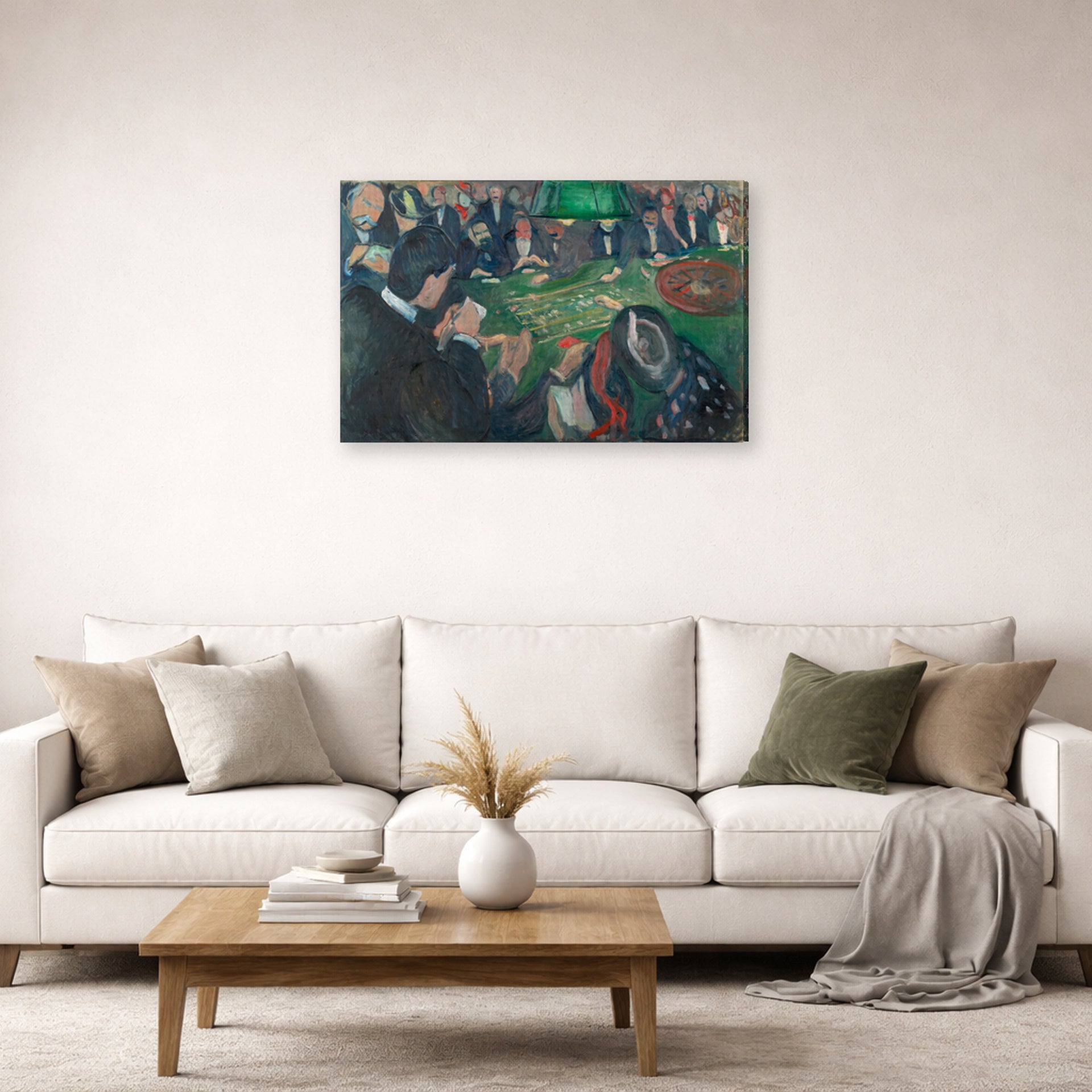 Gallery-wrapped canvas print of Edvard Munch's At the Roulette Table in Monte Carlo displayed on a wall in a living room