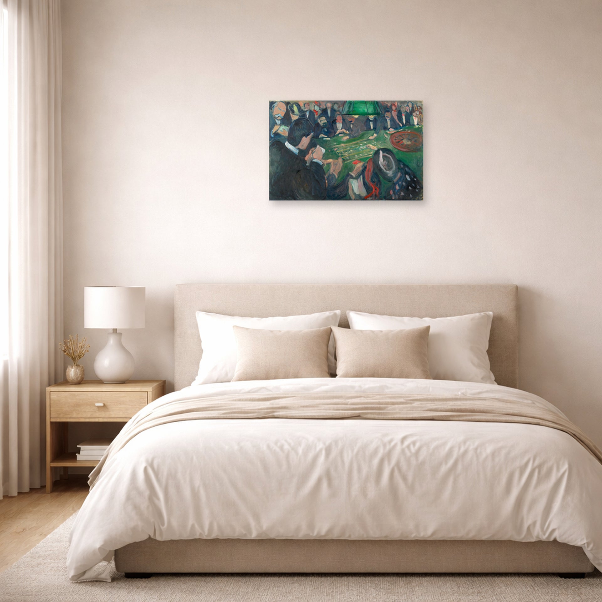 Unframed poster print of Edvard Munch's At the Roulette Table in Monte Carlo displayed on a wall in a bedroom
