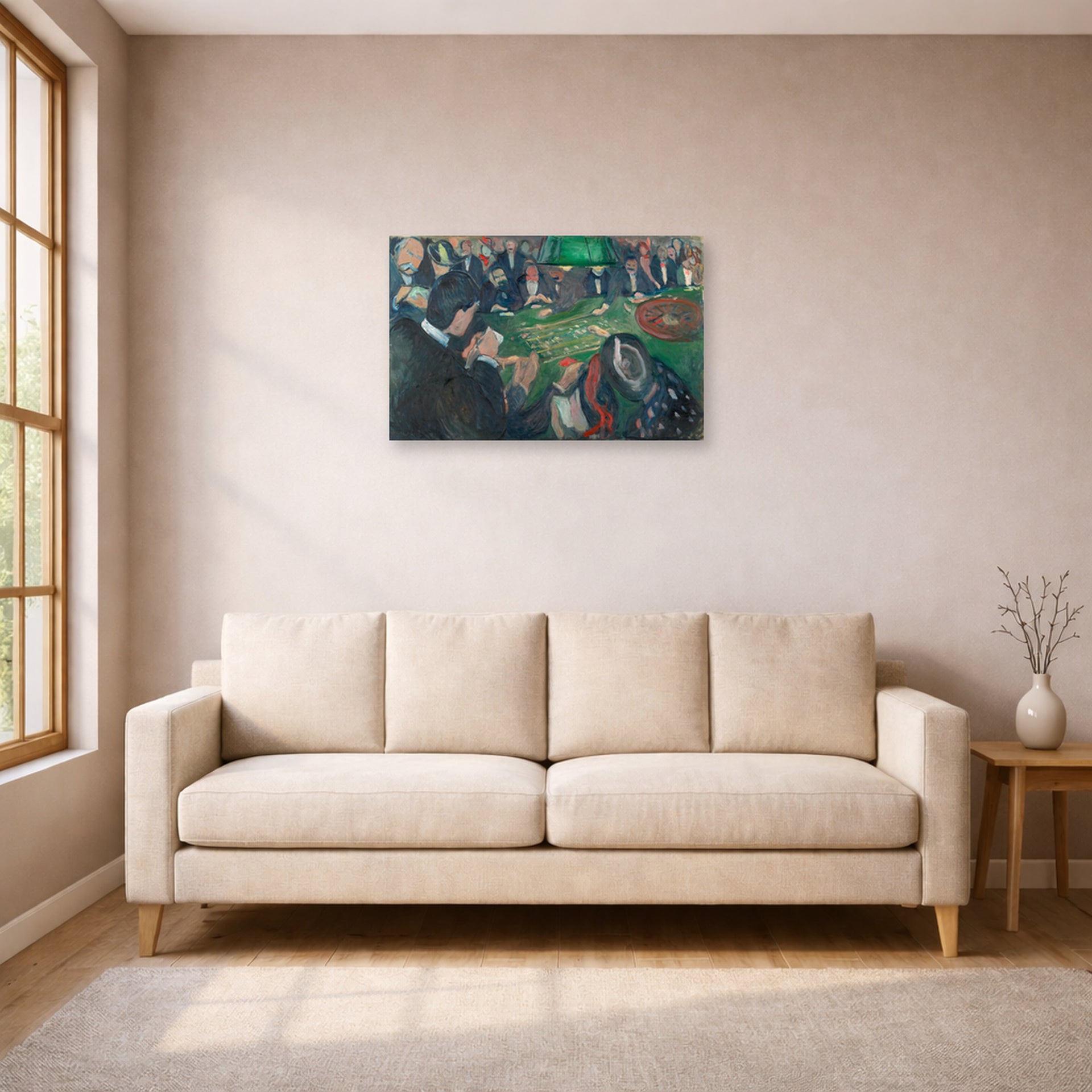 Unframed poster print of Edvard Munch's At the Roulette Table in Monte Carlo displayed on a wall in a living room